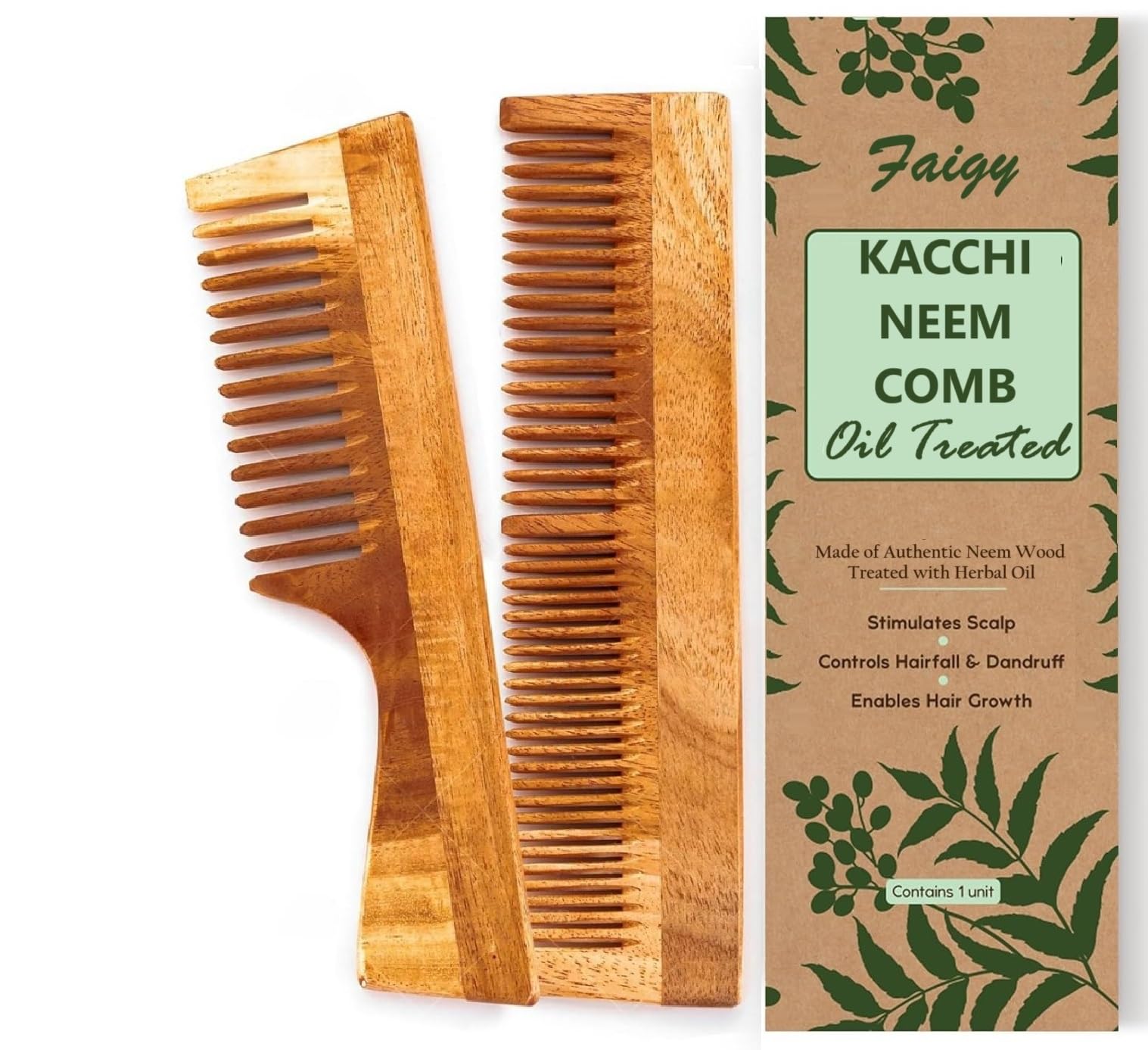 Faigy Pack Of 2 Kacchi Neem Wooden Comb, Soaked In 17 Herbs, Neem & Sesame Oil For MultiActions Detangling, Frizz Control & Shi