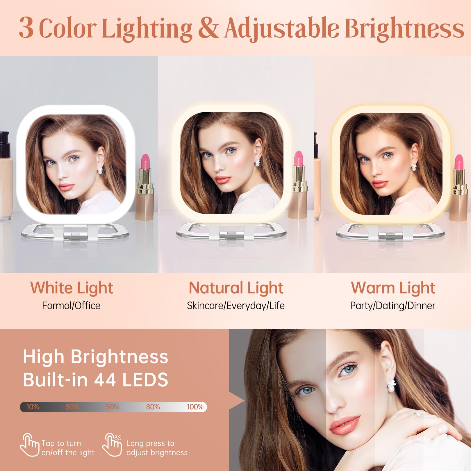 Fascinate 10X Magnification Compact Travel Makeup Mirror With Lights And Magnification, 3.5 Inch Portable 1X/10X Magnifying Mirr