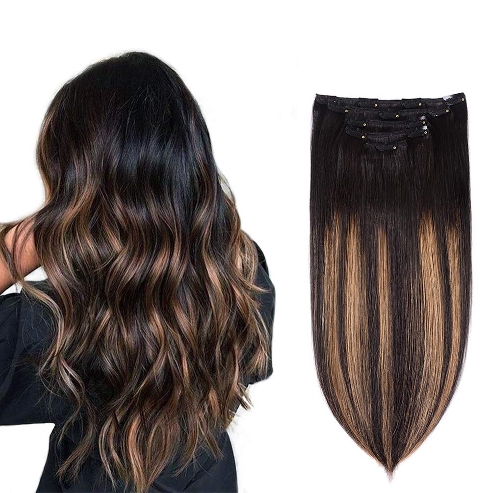 5 Pieces 16'' Remy Clip in Hair Extensions Human Hair Natural Black to Chestnut Brown Highlight Black Ombre - Silky Straight Sho