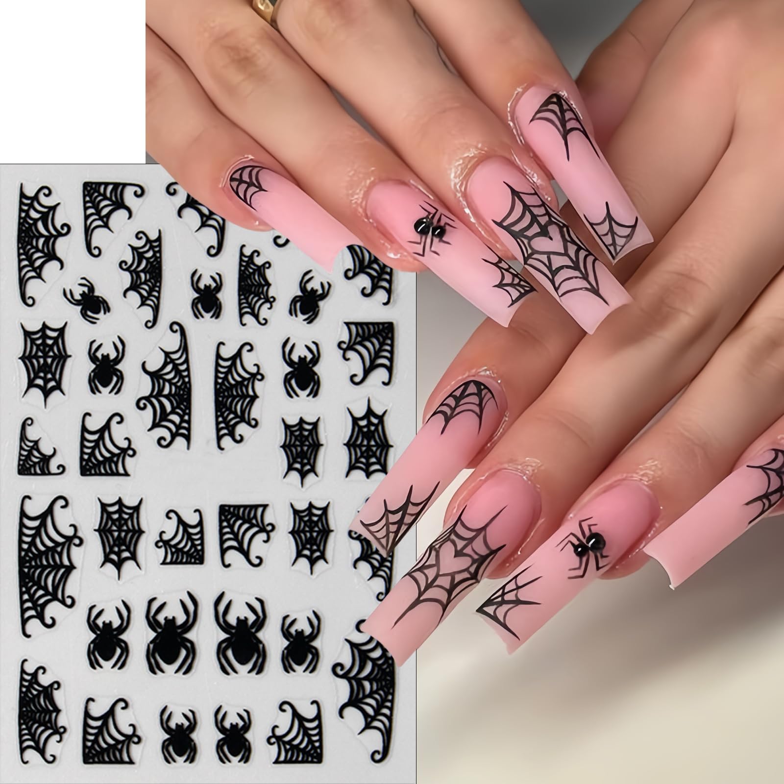 8 Sheets Spider Web Nail Art Stickers 3D Self-Adhesive Spiders Nail Decals Scary Spider Skull Bat Ghost Nail Supplies Black Whit