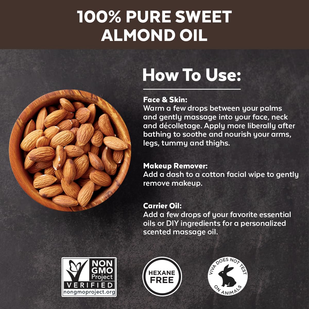 Sweet Almond Oil for Skin - Body Oil, Hair Moisturizer and Relaxing Massage and Oil, Carrier Oil for Essential Oils Mixing, Non-