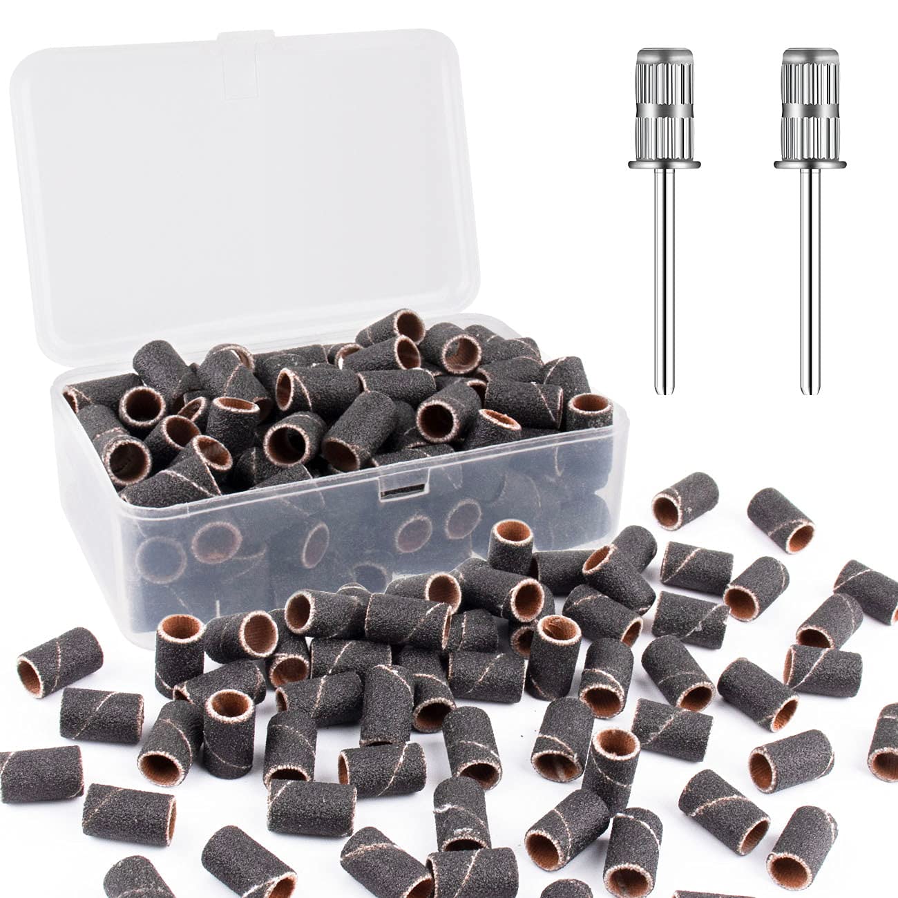 Rolybag Sanding Bands for Nail Drill,Drill Sanding Band with Storage Box,Include 100 fine Sand Bands and 2 Pieces Mandrel for Mo