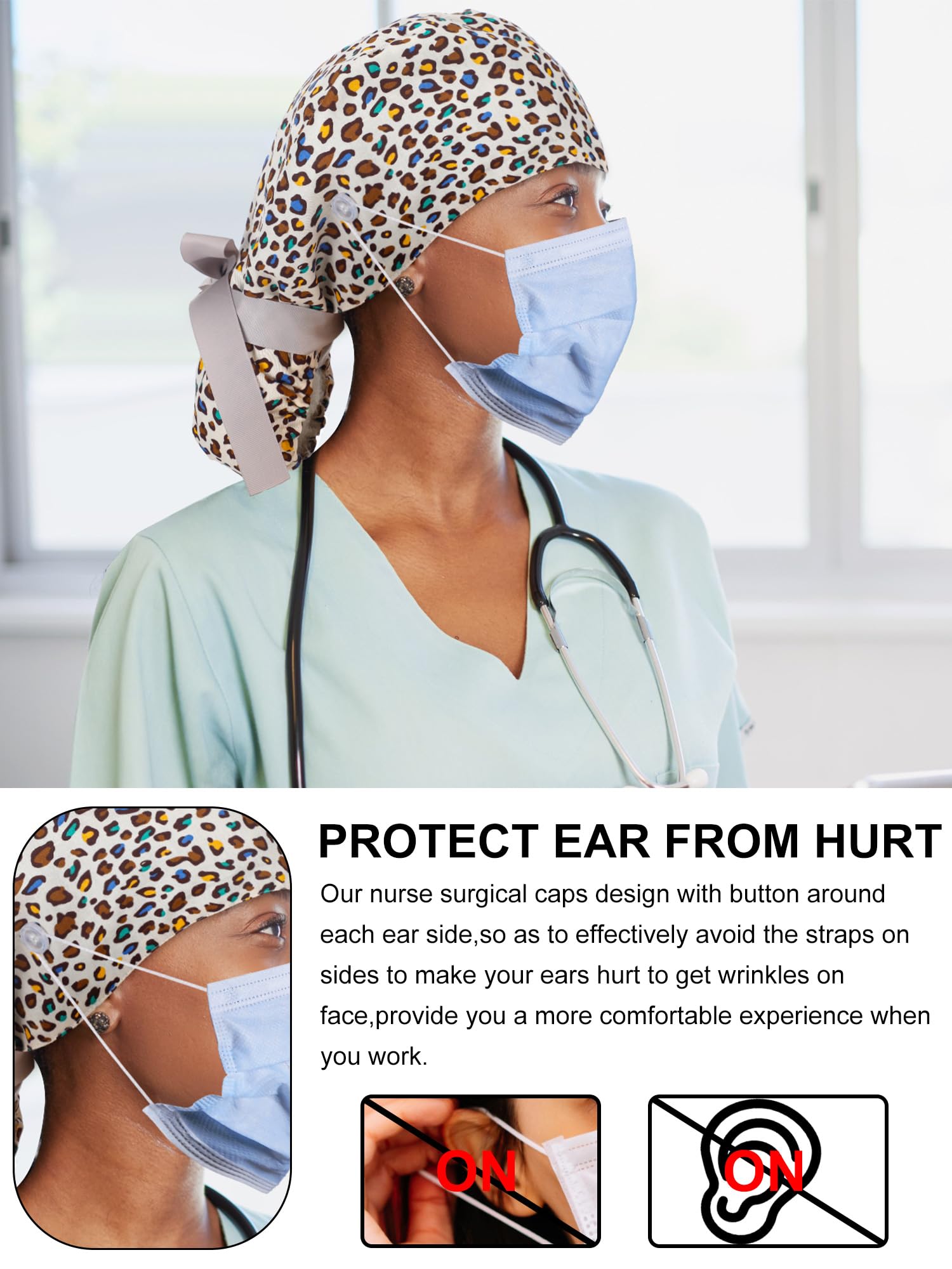 Floraltop 6 Pcs Satin Lined Scrub Caps Women Nurse Surgical Hat With Buttons Ponytail Working Adjustable Pouch Tie Back(Fresh St
