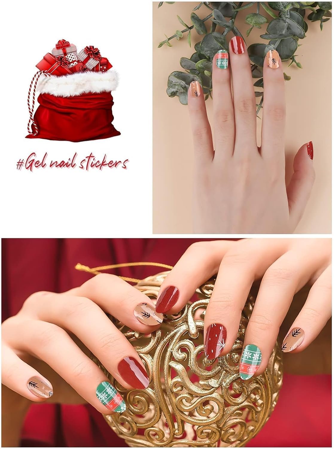 Ebanku 20Pcs Christmas Semi-Cured Gel Nail Polish Strips, Snowflake Christmas Trees Adhesive Gel Nail Art Sticker, Waterproof Ge
