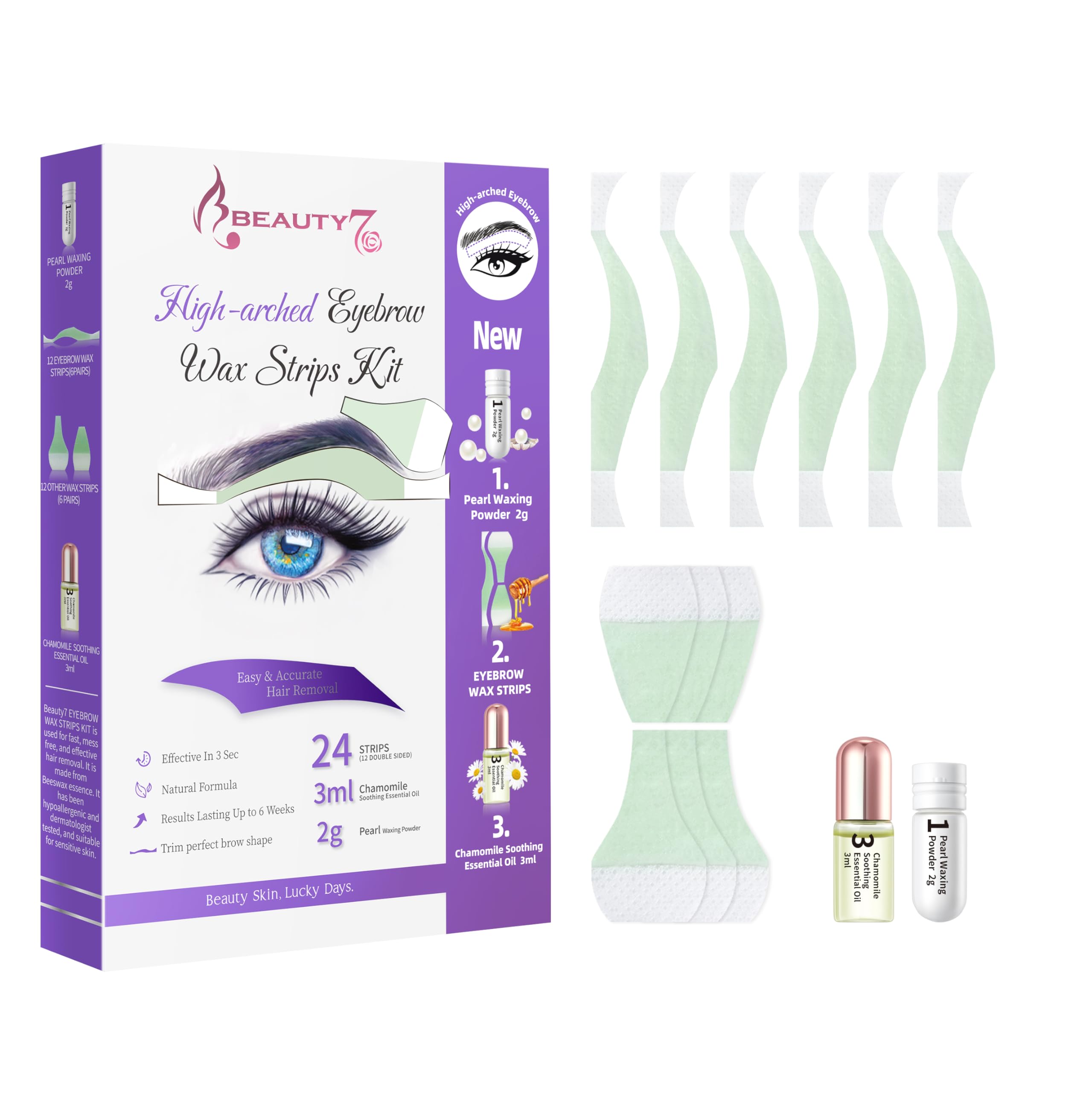 Beauty7 Eyebrow Wax Strips High-arched Eyebrow Wax Strips Kit Hair Removal at Home Waxing 24 Strips with Pearl Powder Essential 