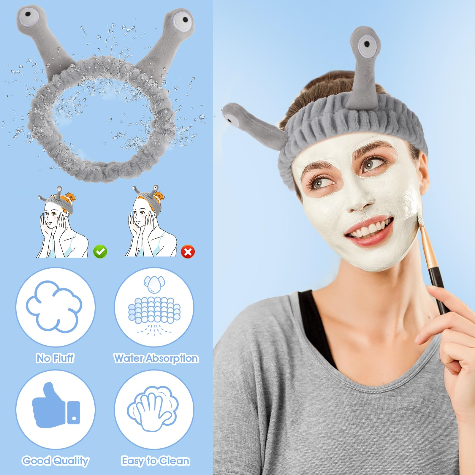 Snail Headband For Washing Face, Face Wash Headband, Spa Hair Bands Makeup Headbands Women Cartoon Cute Coral Fleece Elastic Hea