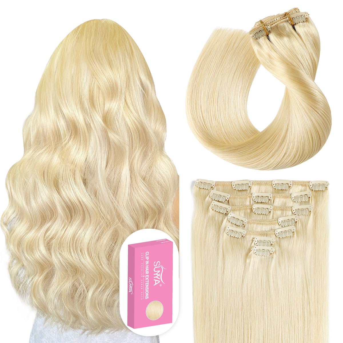 SUYYA Clip in Hair Extensions Real Human Hair,Bleach Blonde Clip in Hair Extensions Straight Human Hair Clip ins Double Weft Hum