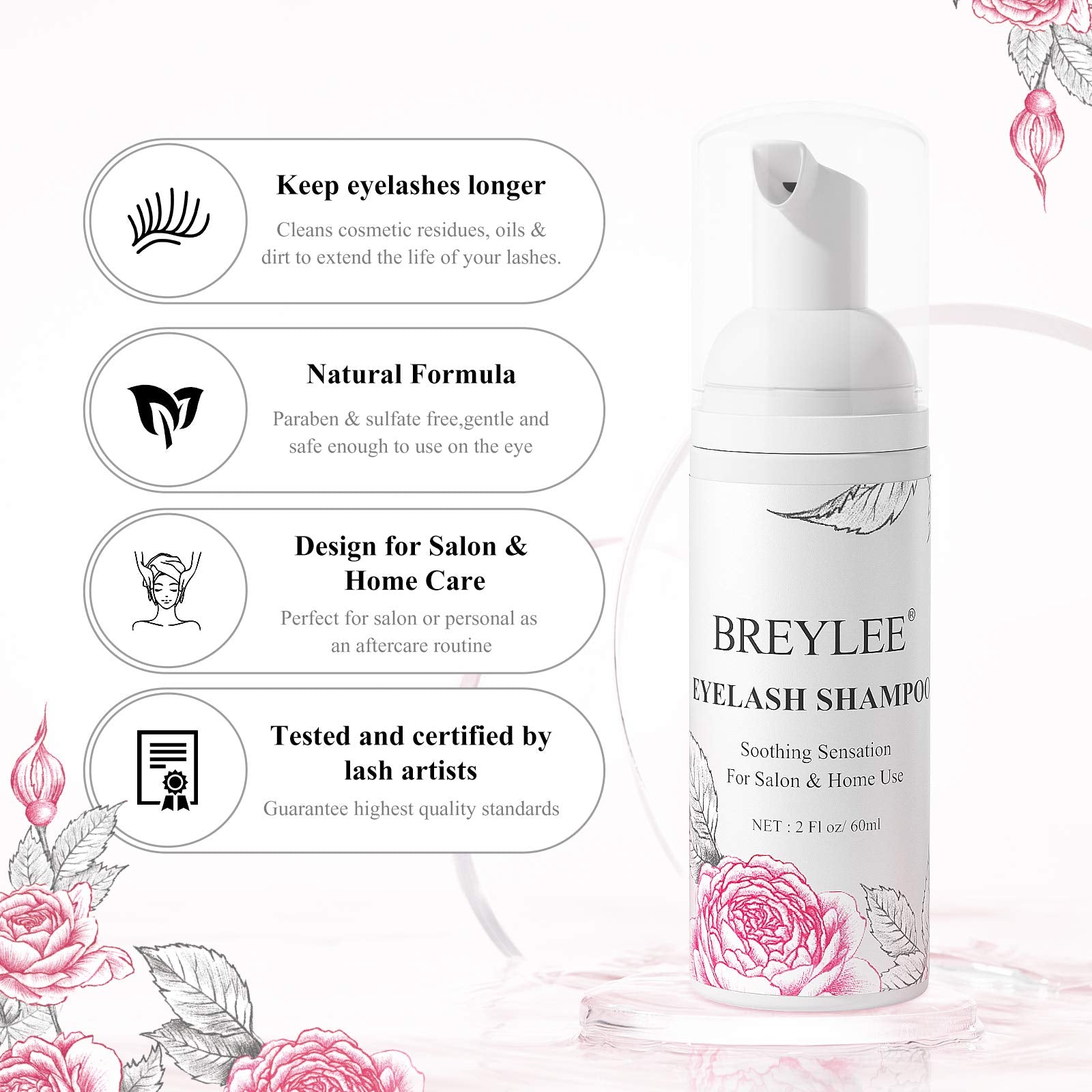 Breylee Shampoo For Lash Extensions, 60Ml+Rinse Bottle+Brushes, Eyelash Extension Cleanser, Lash Wash Bath, Lash Cleaner, Parabe
