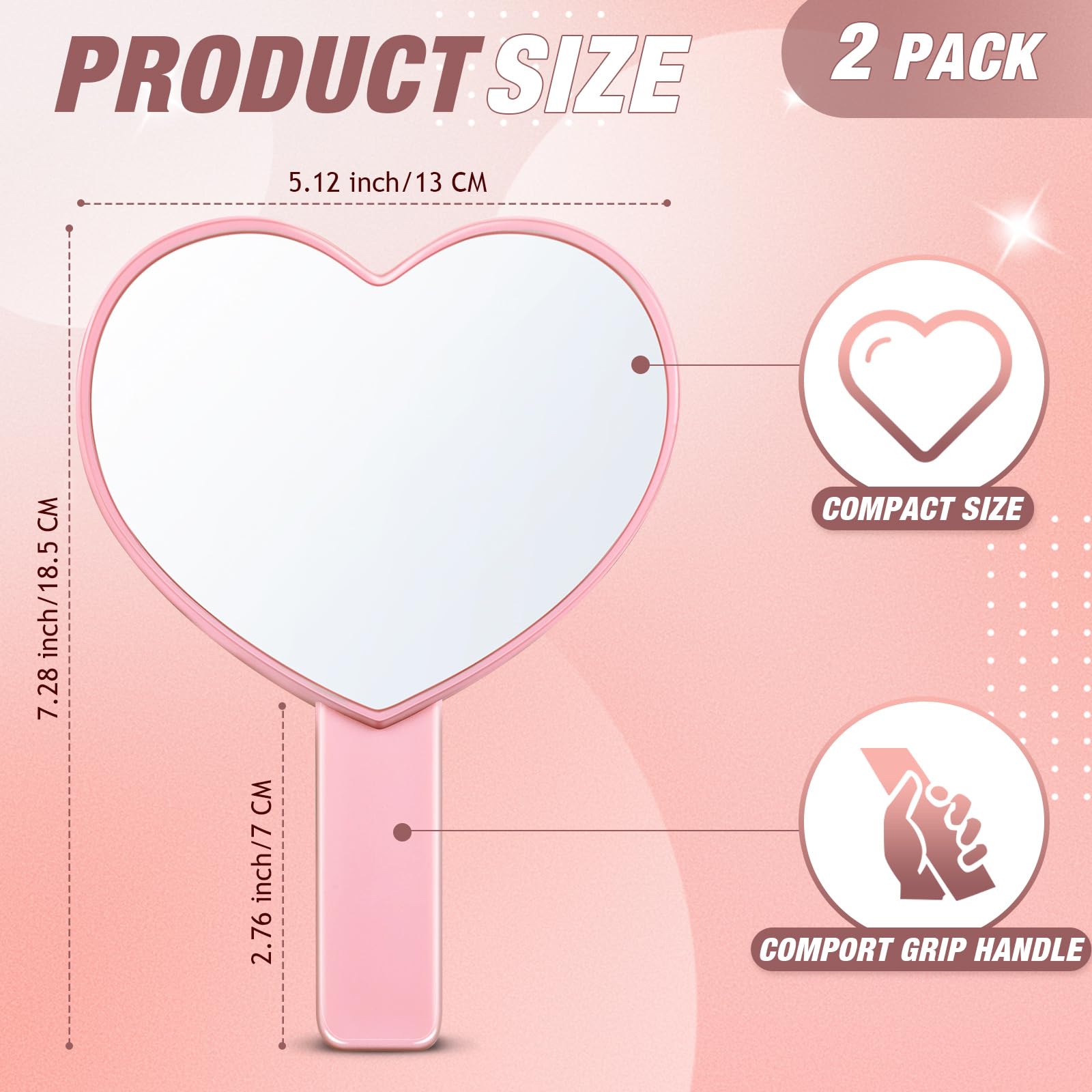 Jetec 2 Pieces Heart Shaped Handheld Cosmetic Mirrors Mini Travel Makeup Mirrors with Handle Small Heart Decorative for Women(Pi