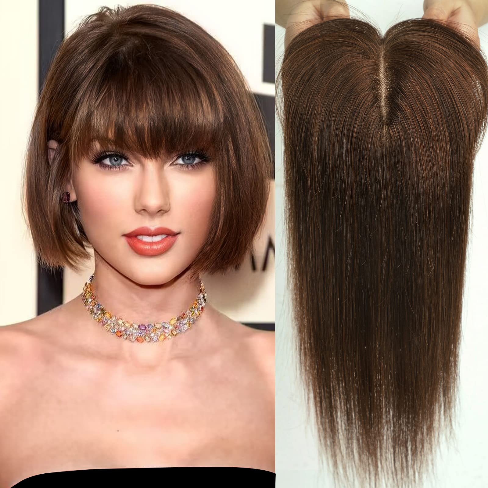 HAIRCUBE 100% Real Human Hair Toppers with Bangs 150% Density Silk Base Clip in Topper 7 * 13cm 10 Inch 2# Dark Brown 35g