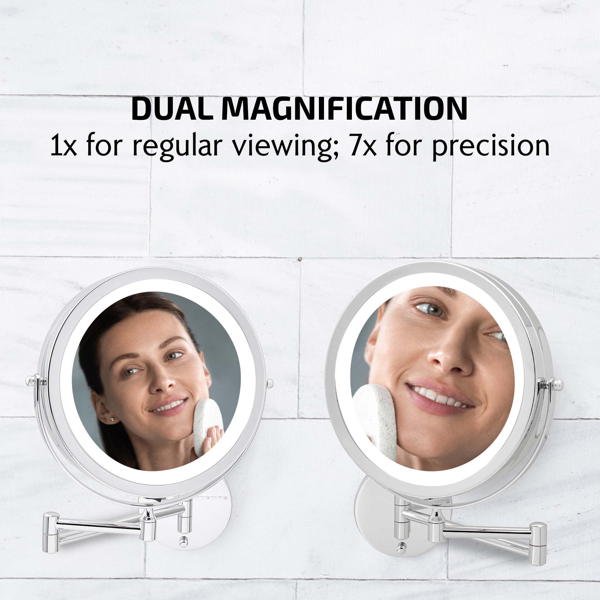 OVENTE 9'' Lighted Wall Mount Makeup Mirror - 1X/ 7X Magnification, Battery Powered Glow Cosmetic Light up, Spinning 360-Degree,