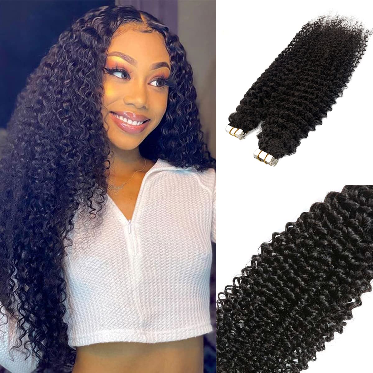 Kinky Curly Tape In Hair Extensions Human Hair #1B Natural Blacktape In 100% Real Human Hair Extensions Skin Weft 20Pcs 50G Kink