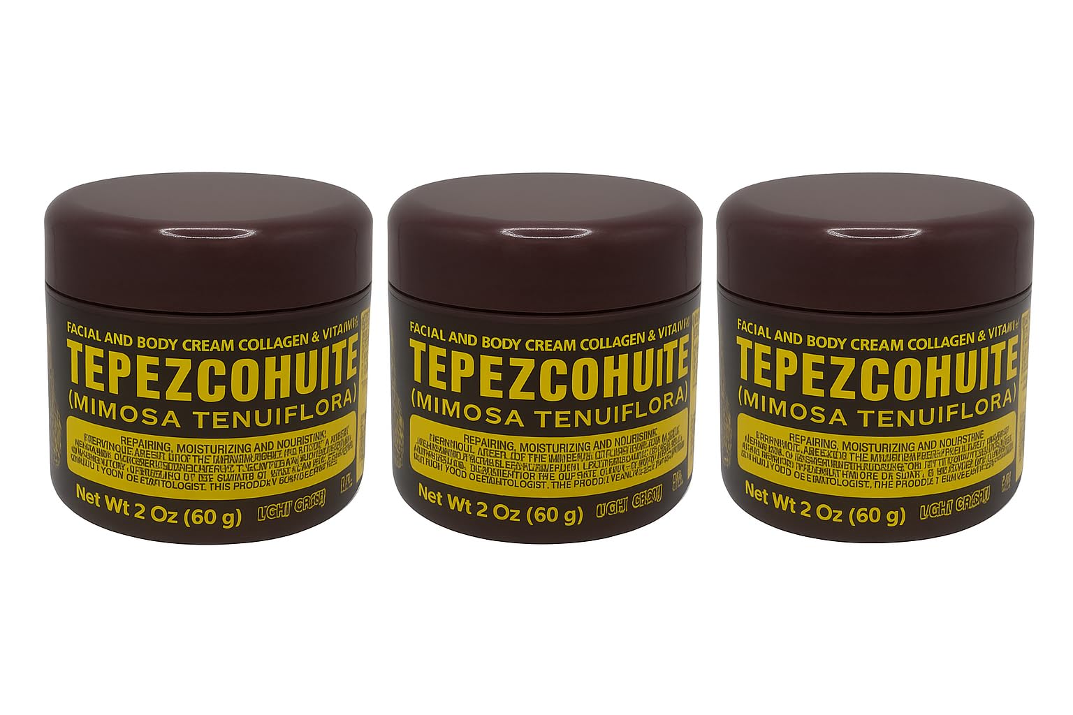 Del Indio Papago Tepezcohuite Night Facial and Body Cream with Collagen and Vitamin E, Light Cream, 2 Oz (60g), 3 Pack