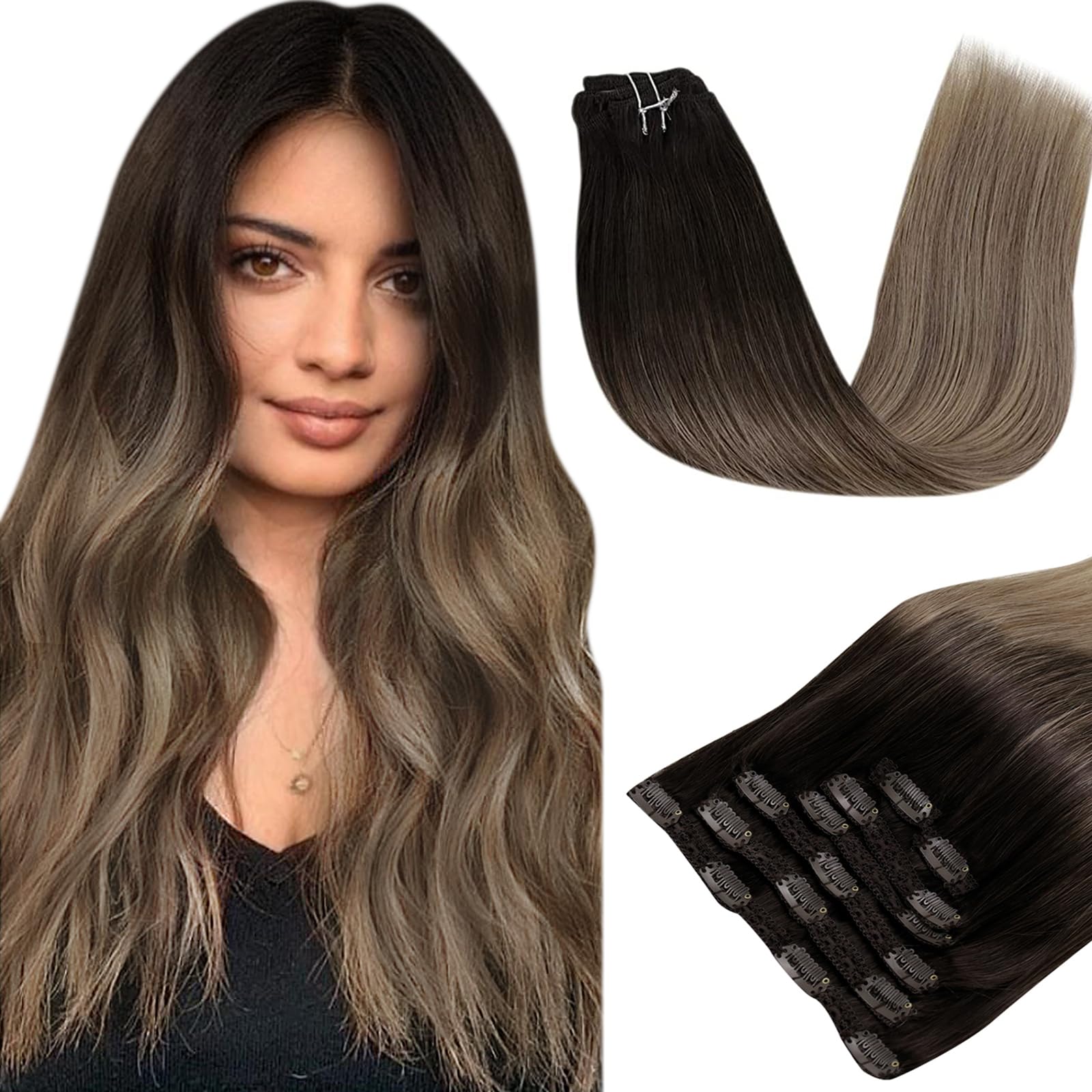 RUNATURE Balayage Clip in Hair Extensions Dark Brown to Blonde 22 Inch Long Hair Extensions Clip Ins Balayage Hair Clip in Exten