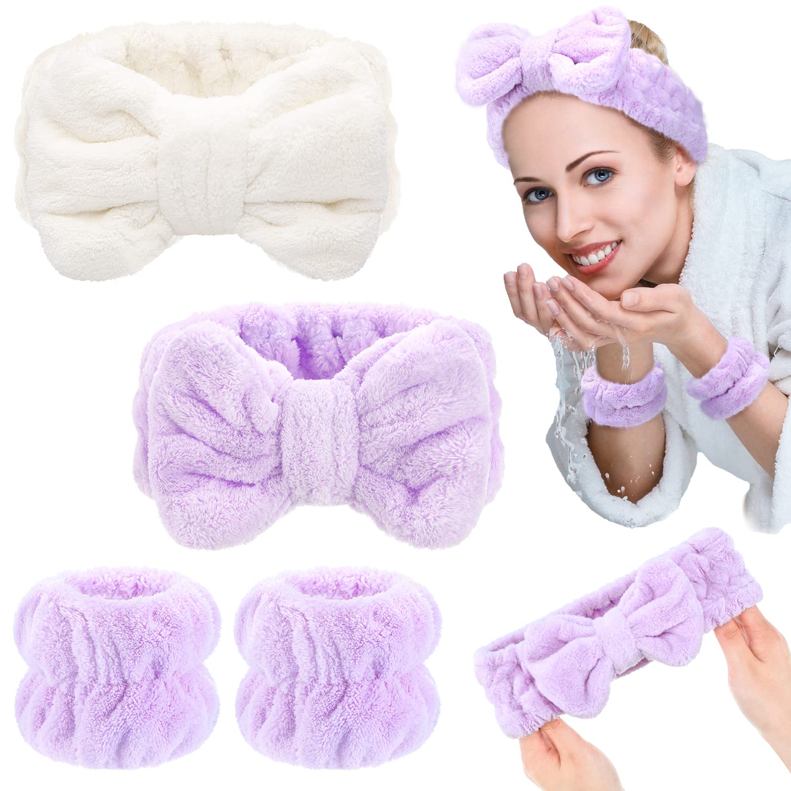 Chuangdi 4 Pcs Microfiber Headband Spa Wristbands and Wrist Bands for Washing Face Cuffs Towel Wristbands Hair Headband Face Was