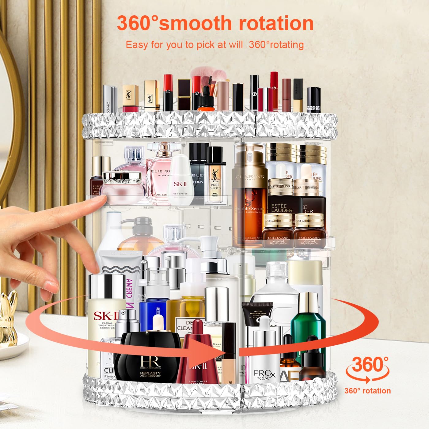 360 Rotating Makeup Organizer for Vanity + Makeup Brush Holder,Perfume Organizer with 6 DIY Adjustable Layer,Large Capacity Skin