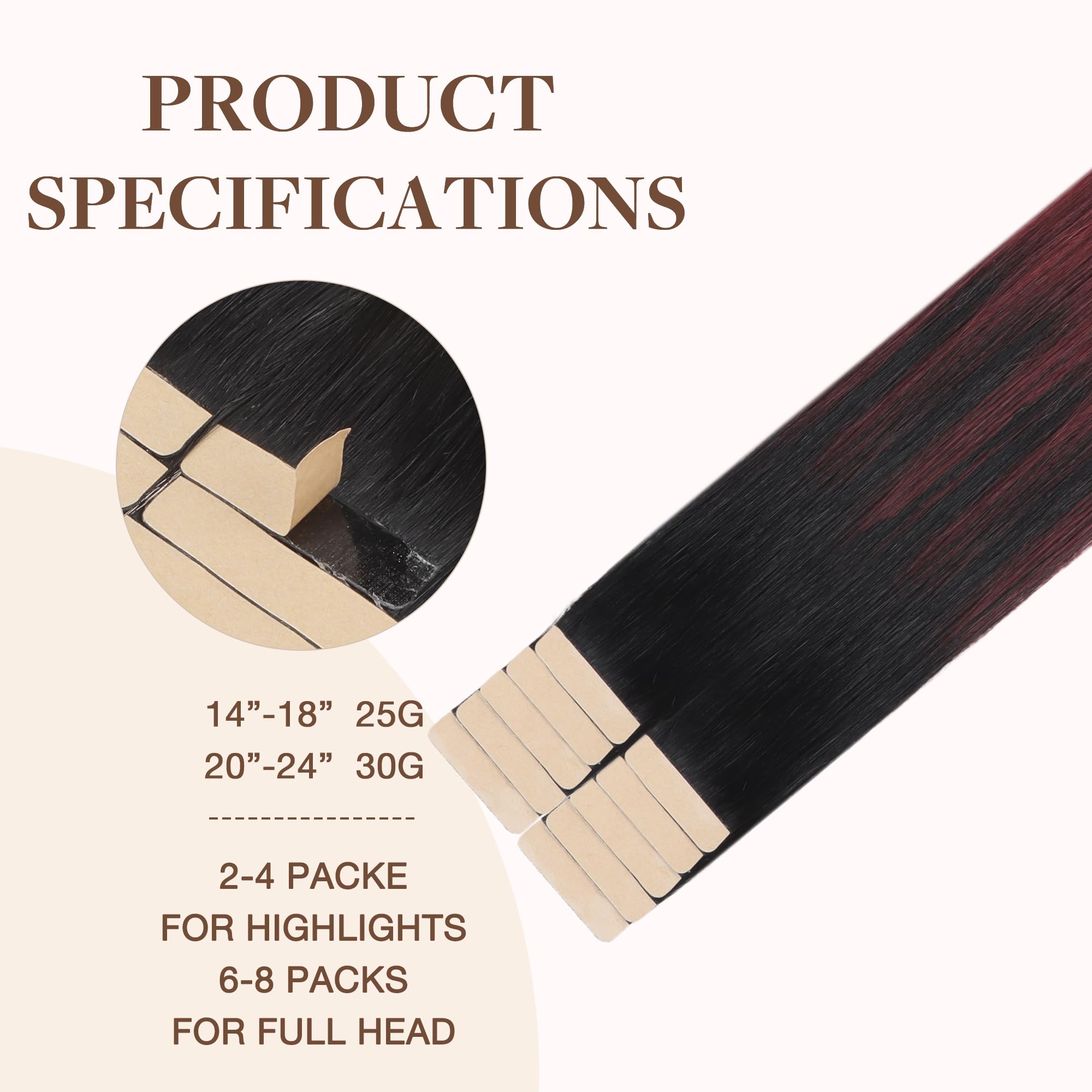 Goo Goo Tape In Hair Extensions Human Hair, 1/99 Balayage Jet Black To Red, 22Inch 30G 10Pcs, Thick Ends Straight Seamless Tape