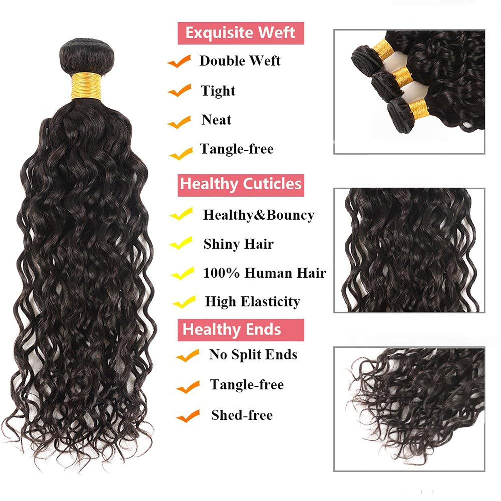 Huarisi Water Wave Human Hair Bundles - 10A Brazilian Bundles, 100% Unprocessed Virgin, Curly Wet and Wavy, 10 Inch Natural Colo