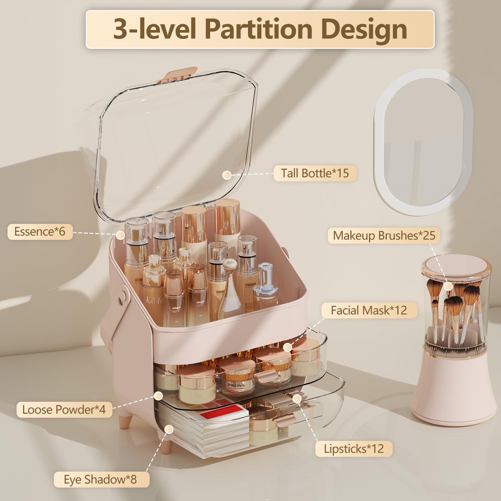 CLBDRESS Makeup Organizer, Skin Care Organizer with Drawers and Lid, Cosmetic Storage Box with Handle, 360 Rotating Display Case