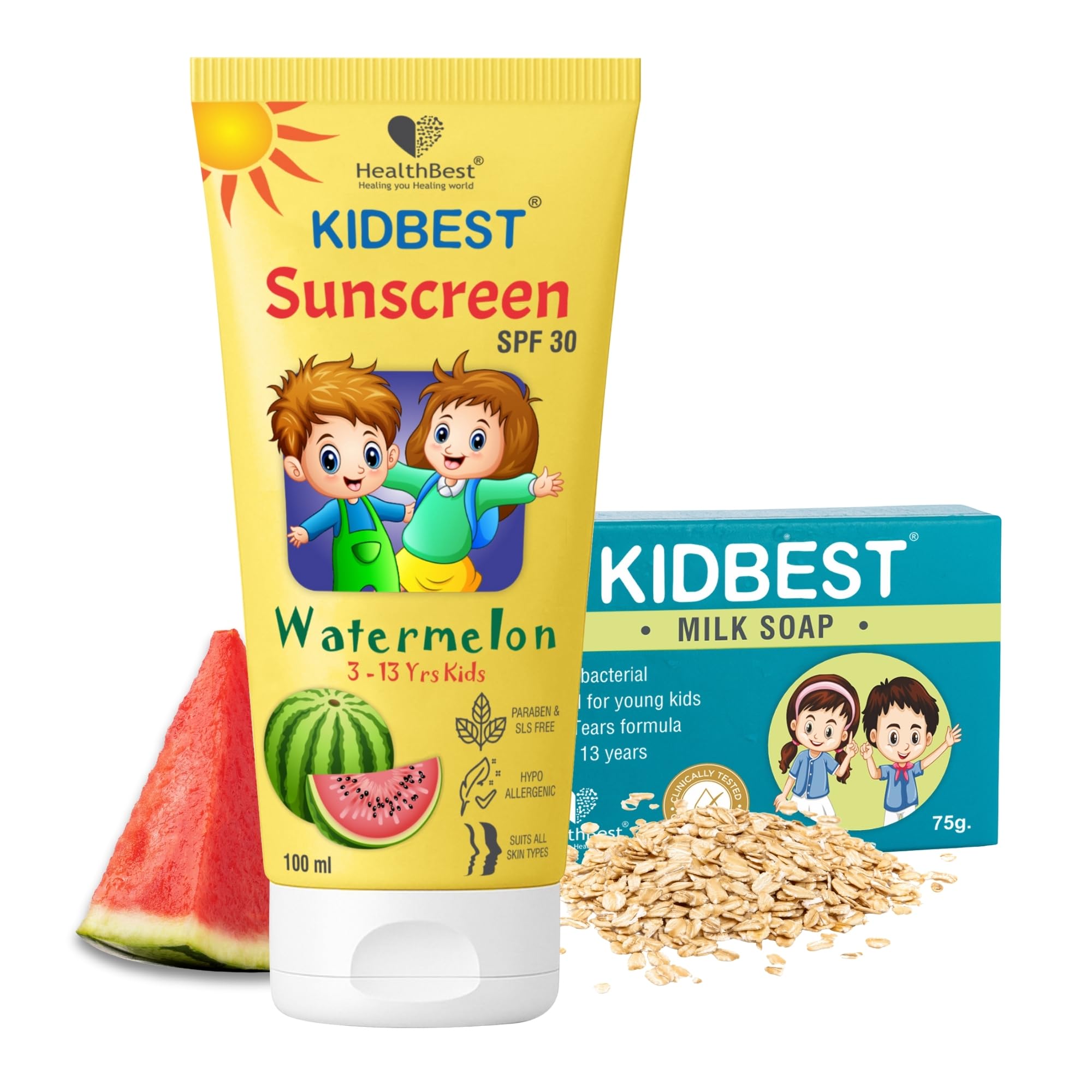 Healthbest Kids Sunscreen Spf 30 Pa+++ 100Ml & Natural Milk Soap 75Gm Combo | Broad Spectrum Uva/Uvb Protection, Non-Greasy | Ge