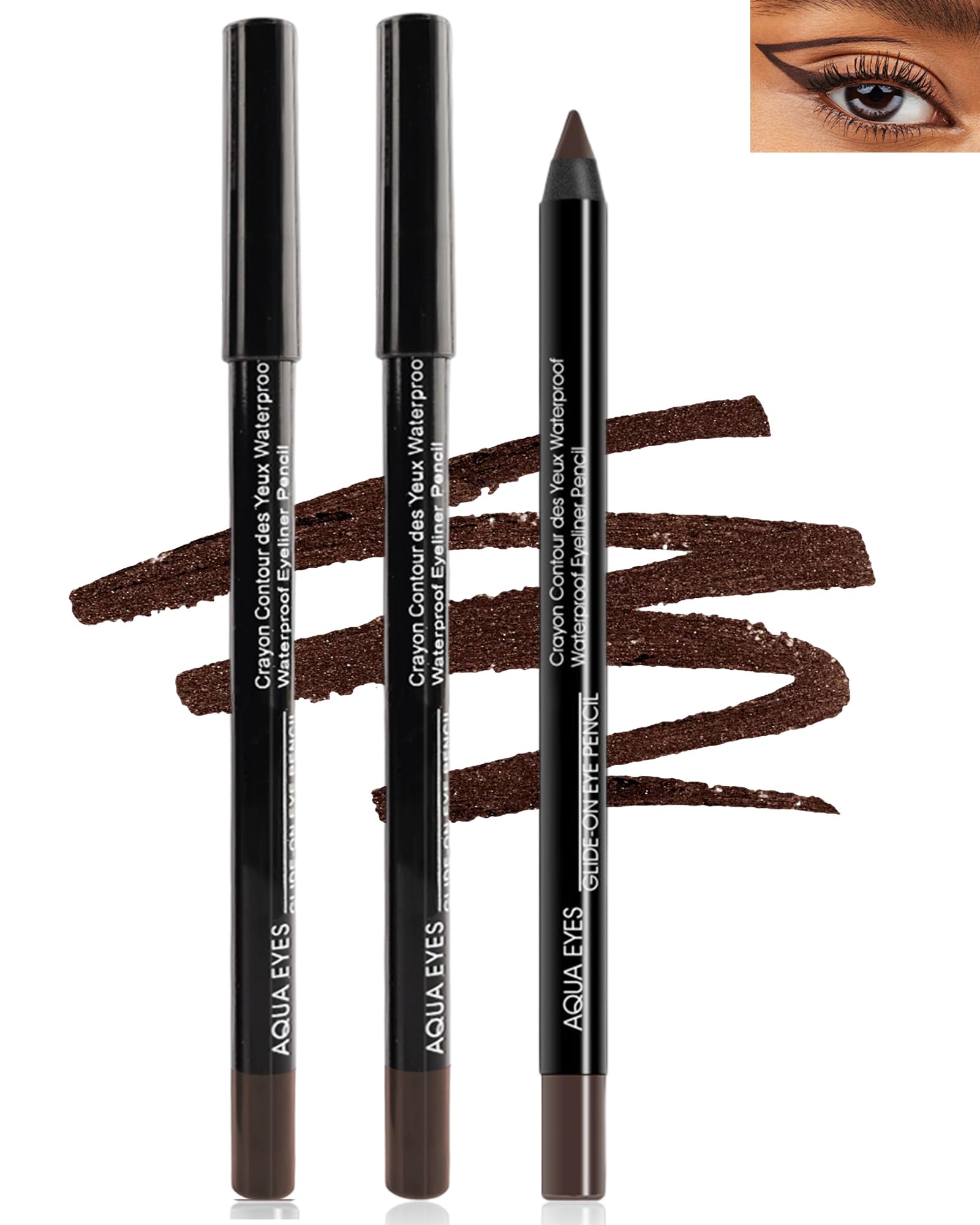 Gel Eyeliner Pencil-3Pcs Brown Gel Eye Liner Waterline Pencil, Longlasting Waterproof Smudge-Proof Water Line Pencil,Smooth Matt