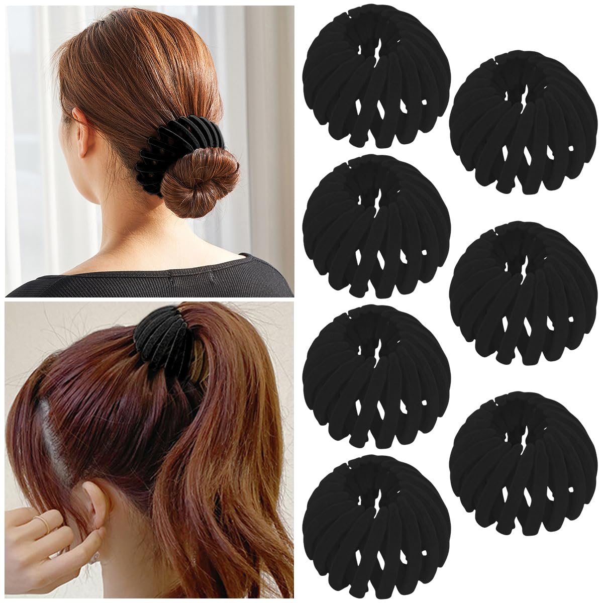 TOBATOBA Black Bird Nest Magic Hair Clip, 7Pcs Lazy Bird's Nest Plate Hairpin, Expandable Ponytail Holder, Velvet Hair Clips, Ha