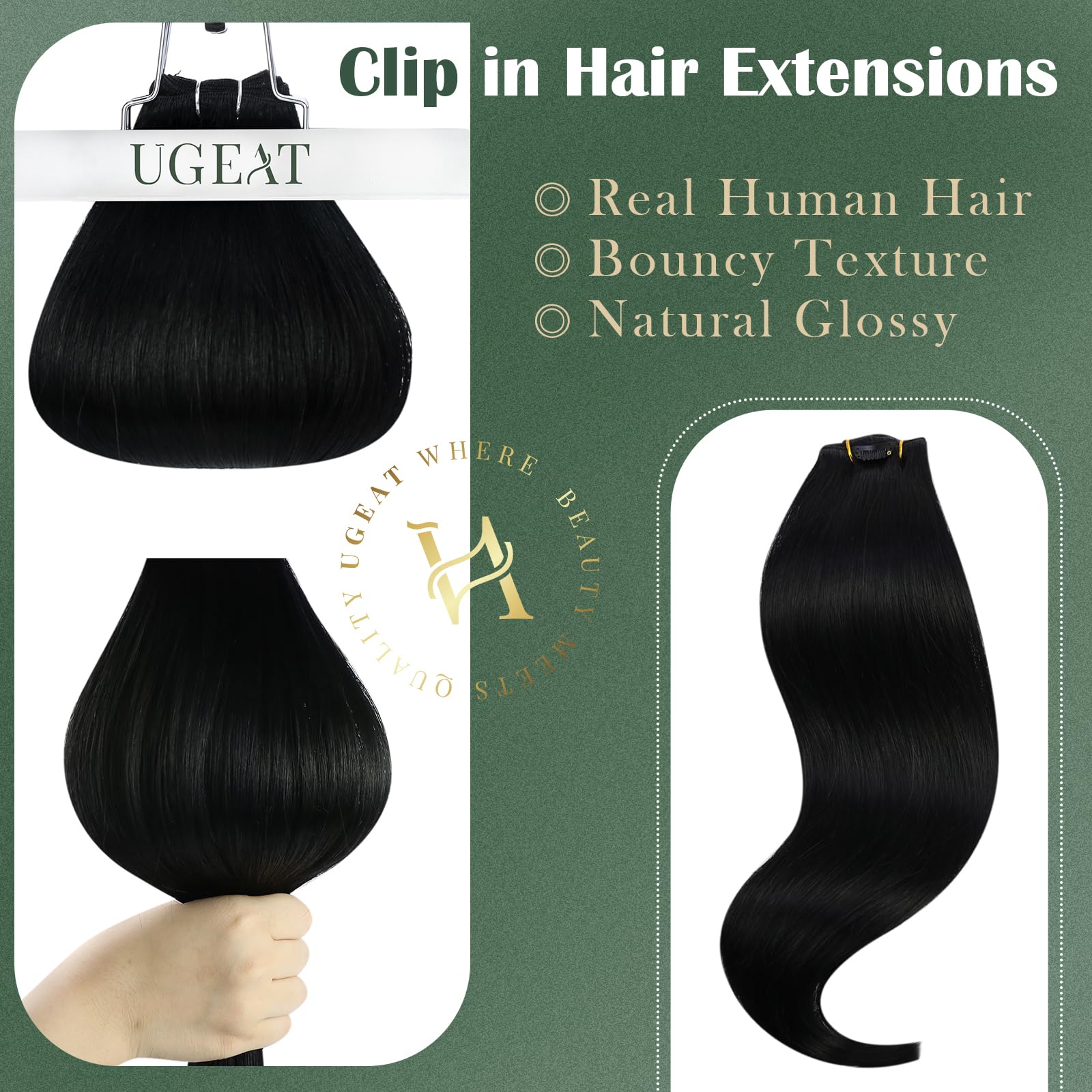 Ugeat 14 Inch Clip In Hair Extensions Real Human Hair #1 Jet Black Double Weft With Lace Human Hair Extensions Clip Ins 8 Pieces