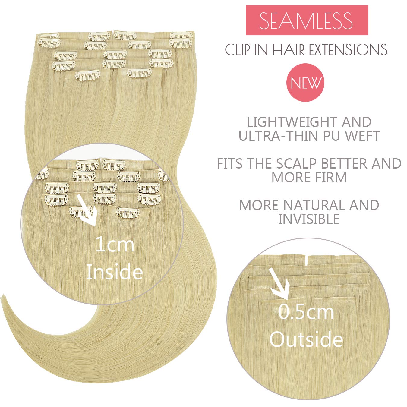 Loxxy Human Hair Clip In Extensions Bleach Blonde Seamless Clip In Hair Extensions Real Human Hair Invisible Pu Weft Silky Strai