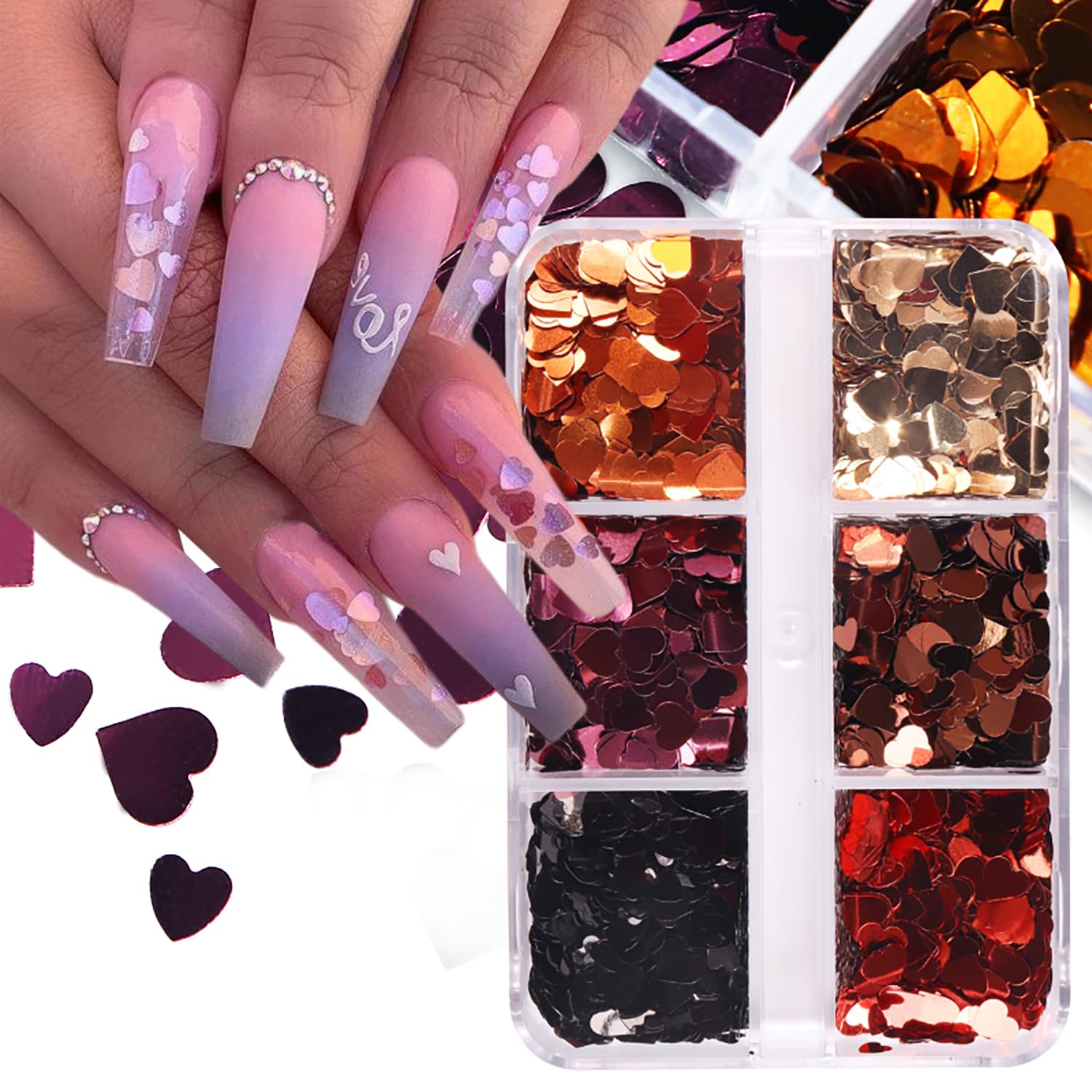 3D Heart Nail Art Glitter Sequins Laser Holographic Nail Glitter Flakes Sparkly Valentine's Nail Supplies Colorful Hearts Nail S