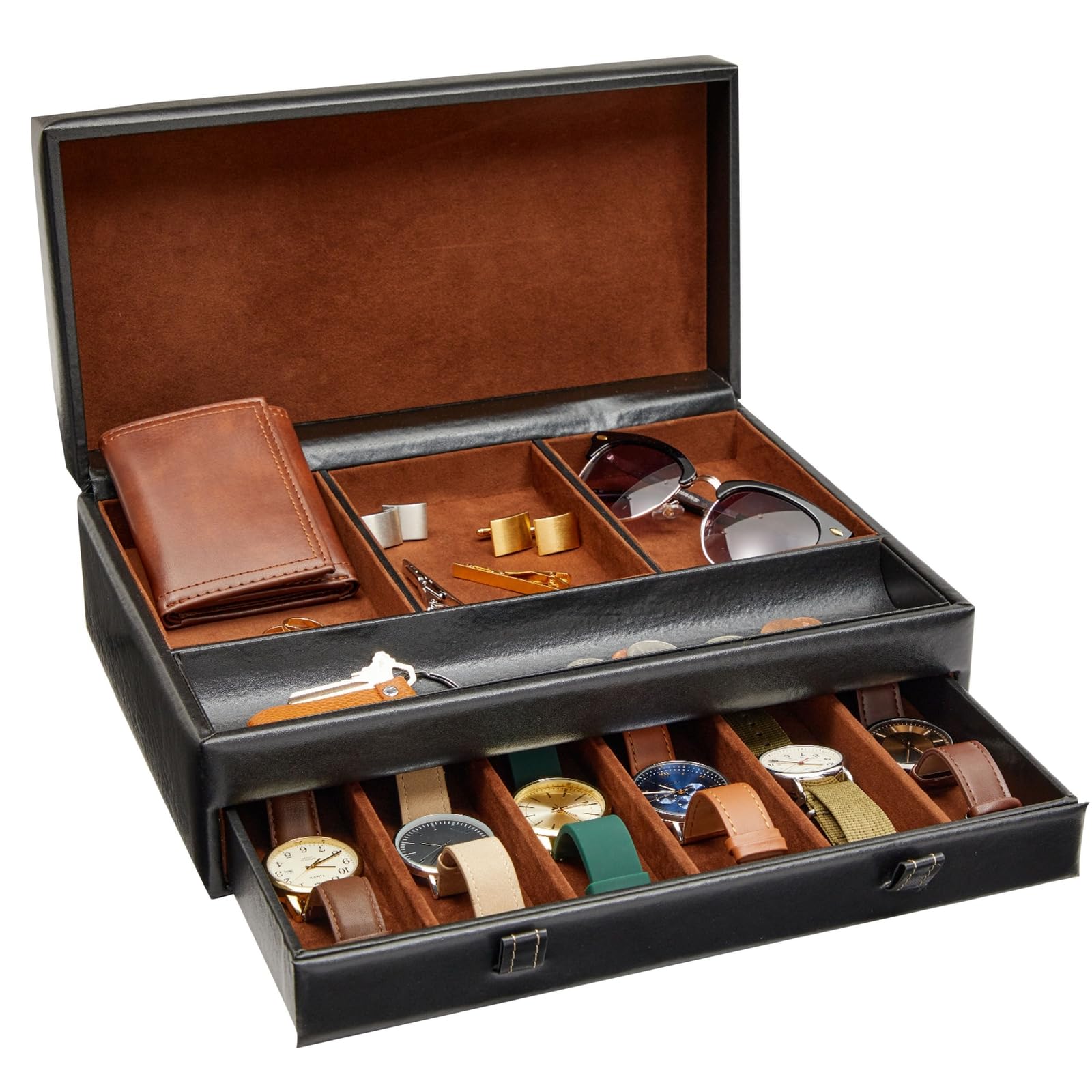 Juvale Mens Jewelry Box Organizer and Holder - Black Watch Box with Leather Valet Tray for Home Improvement - 12.6 x 9 x 4 In - 