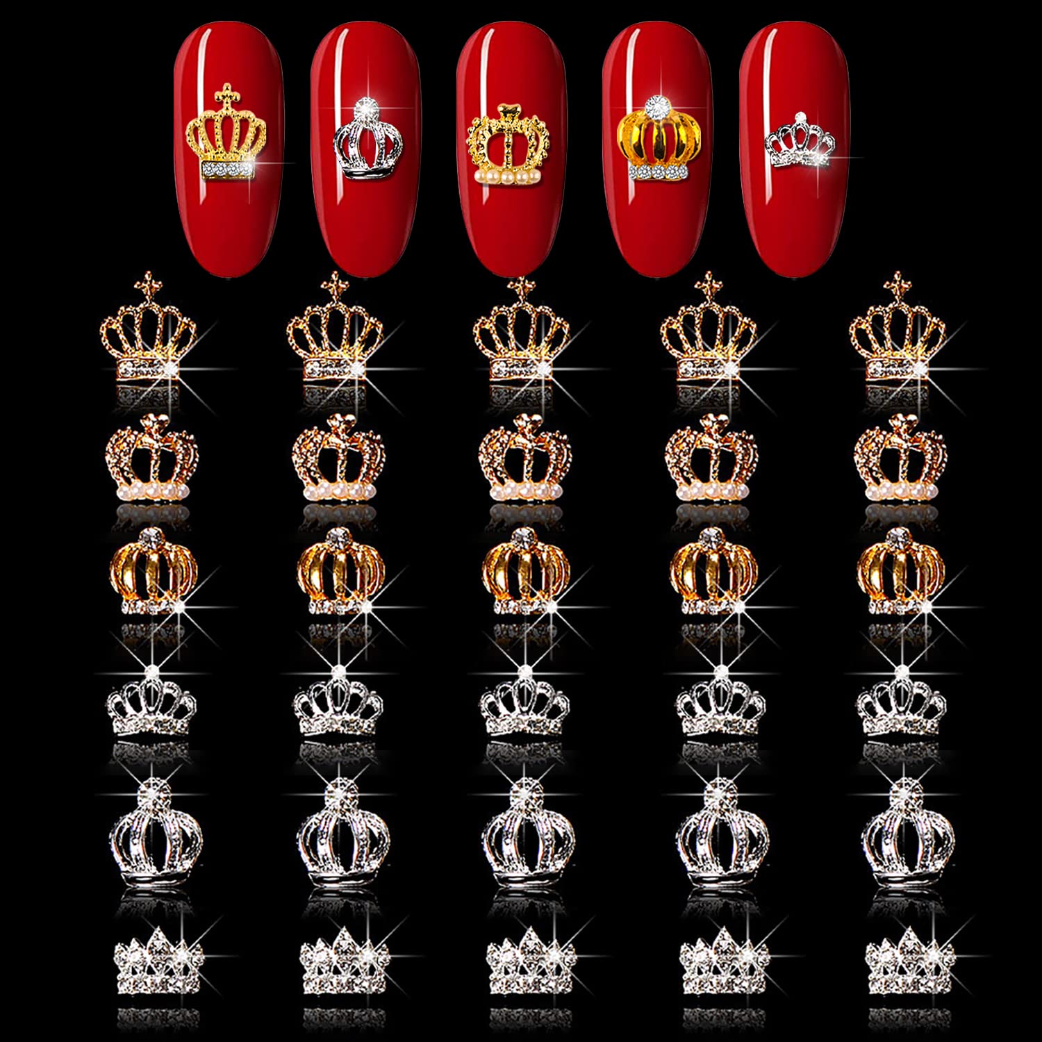 WOKOTO 30Pcs Gold And Silver 3D Crowns For Nails 3D Alloy Crown Nail Charms For Nail Art 3D Studs Crown Diamonds Nail Jewels Set