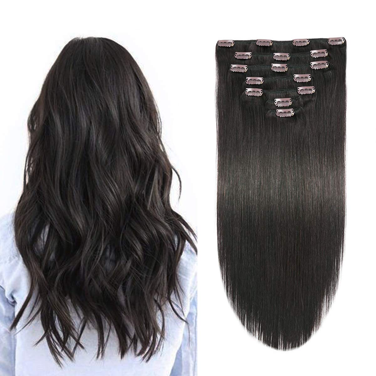 SUYYA Clip in Hair Extensions Real Human Hair,Human Hair Clip in Extensions Straight Human Hair Clip ins Double Weft Natural Bla