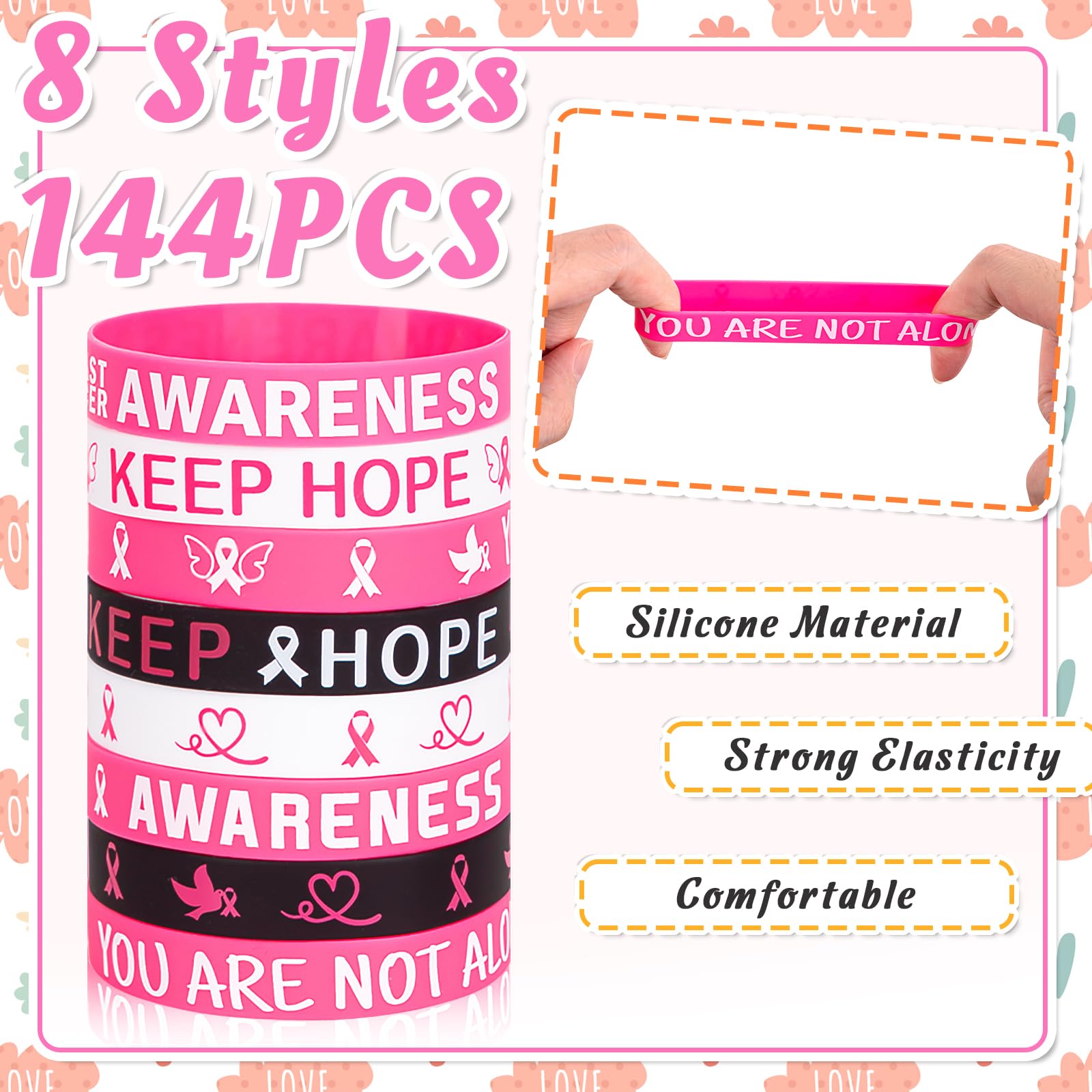 Moon Boat 144PCS Breast Cancer Awareness Bracelets Bulk - Pink Ribbons Hope Faith Strength Courage Stretch Wristbands for Women