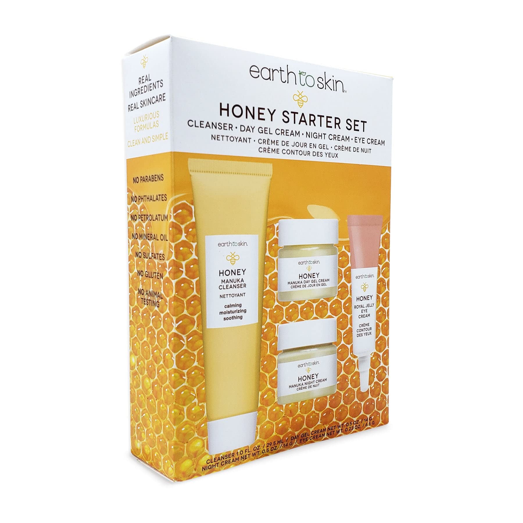 Earth To Skin Facial Care Starter Set: Manuka Honey Cleanser (1.0 Fl Oz), Day Gel Cream (0.5 Fl Oz), Night Cream (0.5 Fl Oz), an