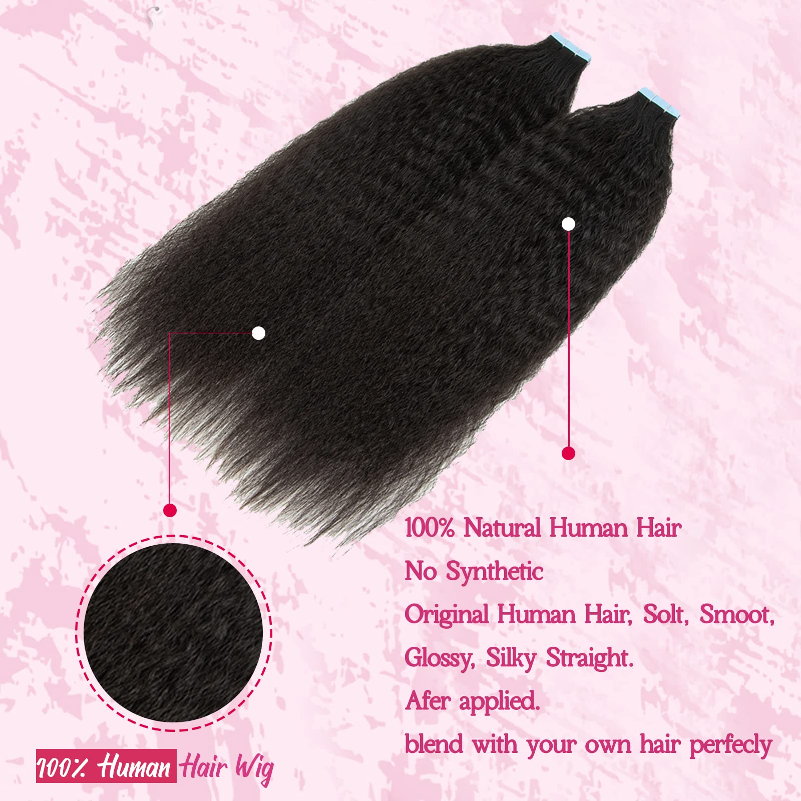 Black Tape In Extensions Human Hair Kinky Straight Tape In Extensions Natural Black 40 Pieces 100G Full Head Real Hair Extension