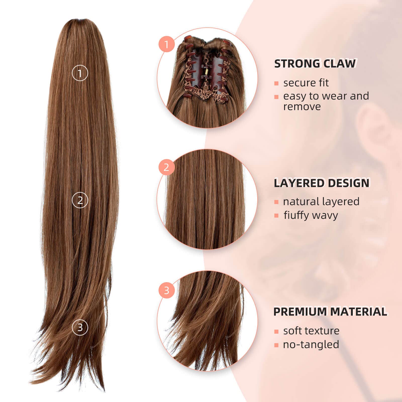 Heweicsy Ponytail Extensions,Hair Extension Ponytail 22'' Long Claw Hair Extension Synthetic Wavy Straight Hairpieces Ponytail C