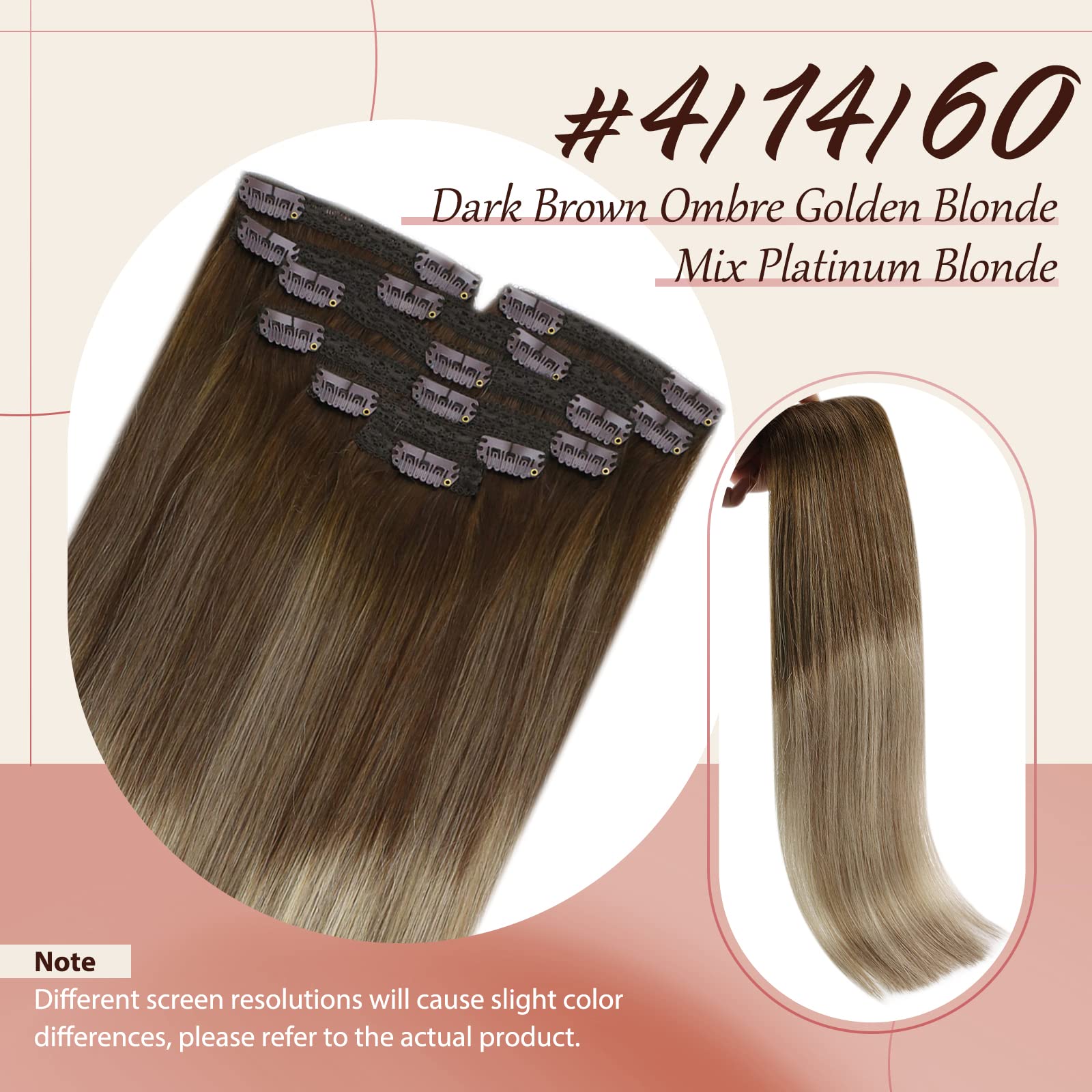 [Uncontinued] Human Hair Clip in Extensions, Dark Brown Ombre Golden Blonde Mix Platinum Blonde Clip in Hair Extensions, Sunny C