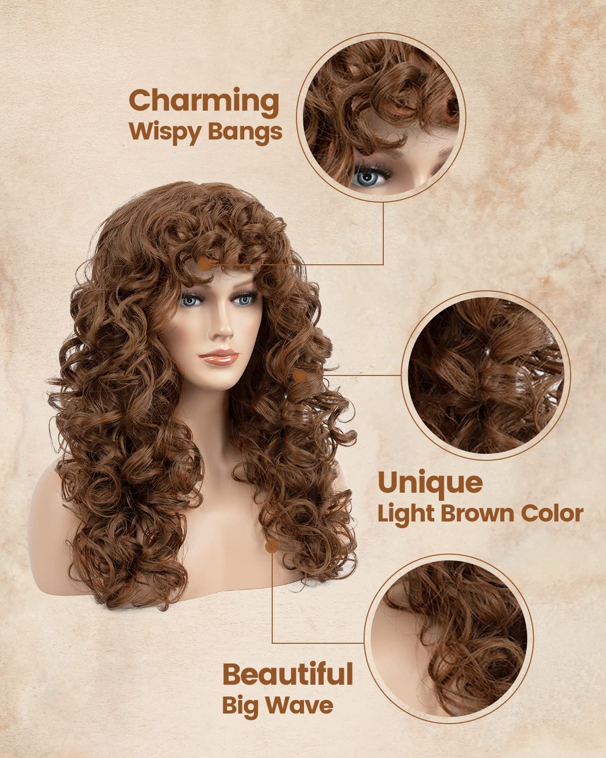 Curly Wig With Bangs For Women Flufymooz Natural Light Brown Long Curly Wig 21Inch Curls With Wispy Bangs Heat Resist Soft Synth