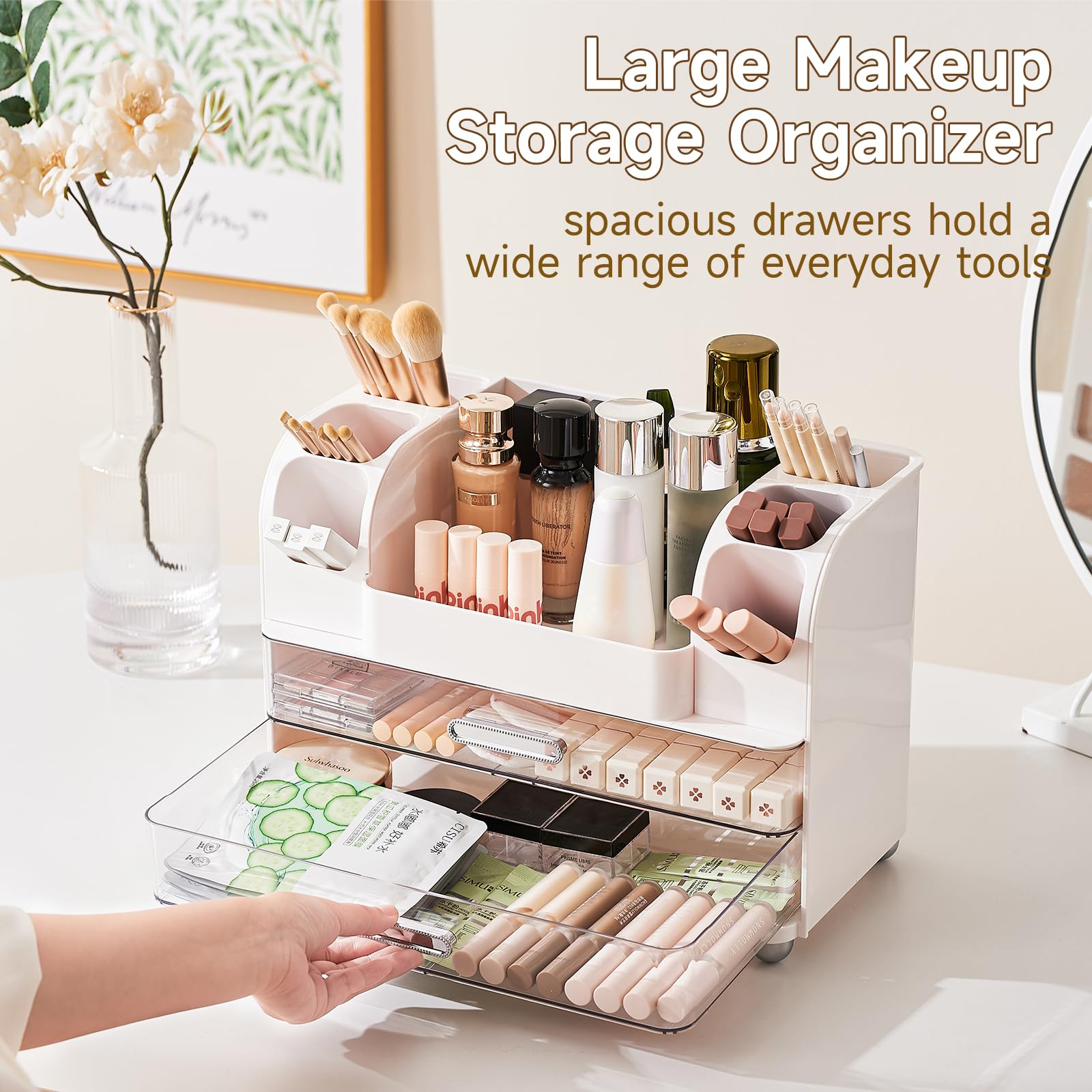 UFORU Makeup Organizer for Vanity with 2 Large Drawers, Cosmetic Display Case with Brush Holders, Easy to Storage for Bathroom C