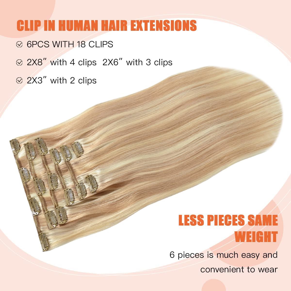 Ugotrays Clip In Hair Extensions Real Human Hair Strawberry Blonde Highlighted Golden Blonde Human Hair Extensions 18 Inch 70G 7