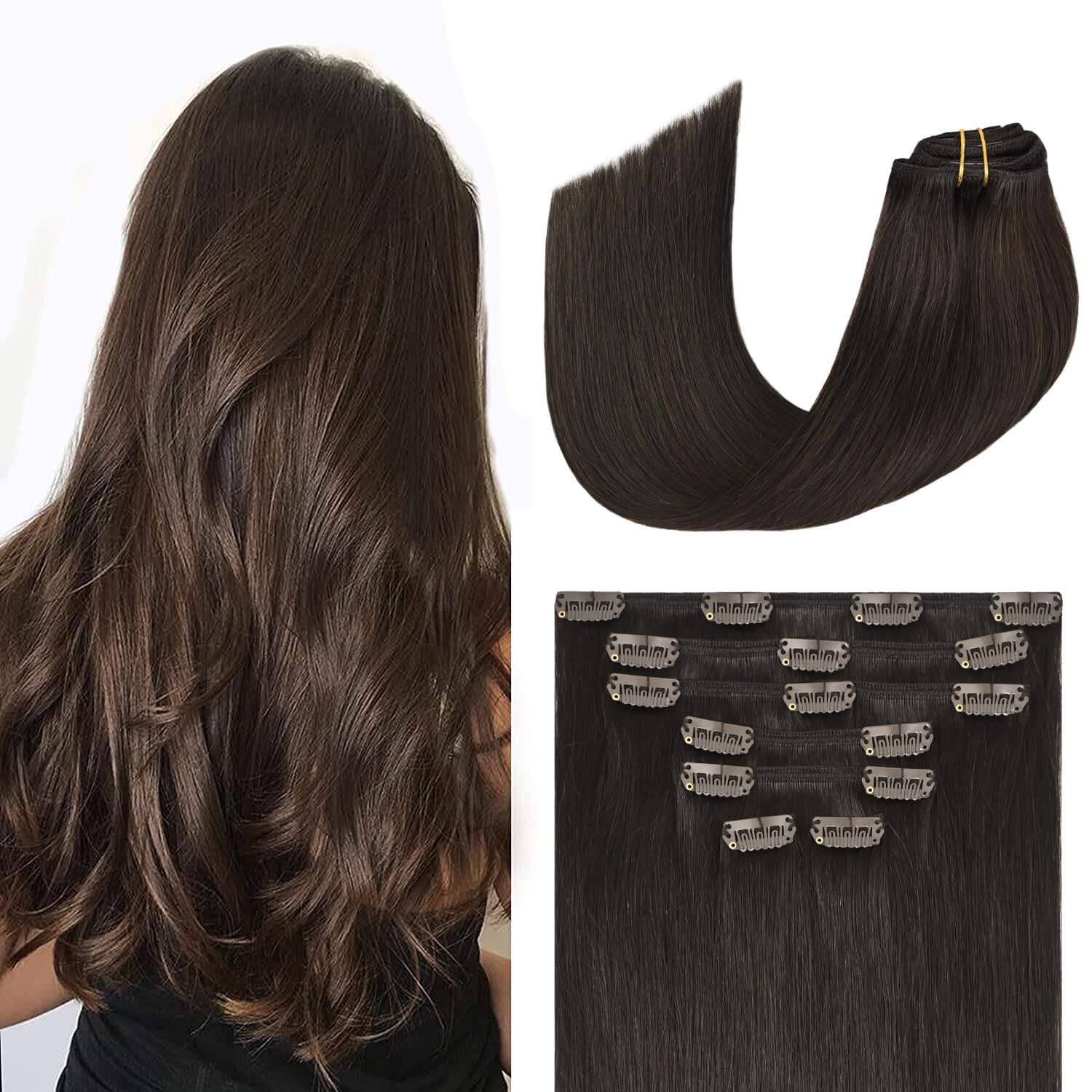 Aison Dark Brown Hair Extensions Real Human Hair Clip in Hair Extensions Real Human Hair 120G Dark Brown 100% Real Human Hair Cl
