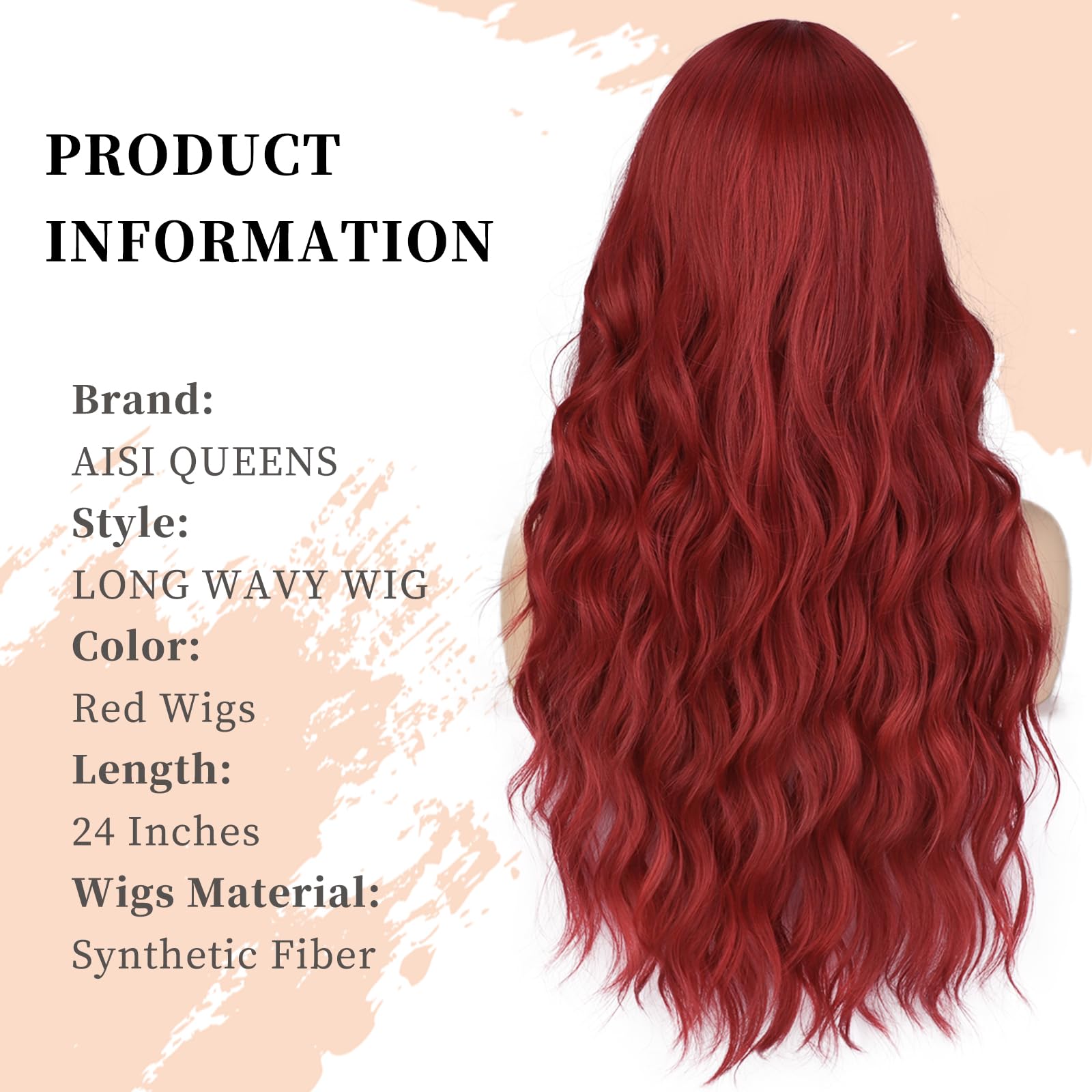 Aisi Queens Red Wig Long Wavy Red Wigs For Women 24 Inches Wavy Middle Part Hair Heat Resistant Fiber Curly Cosplay Wig For Girl