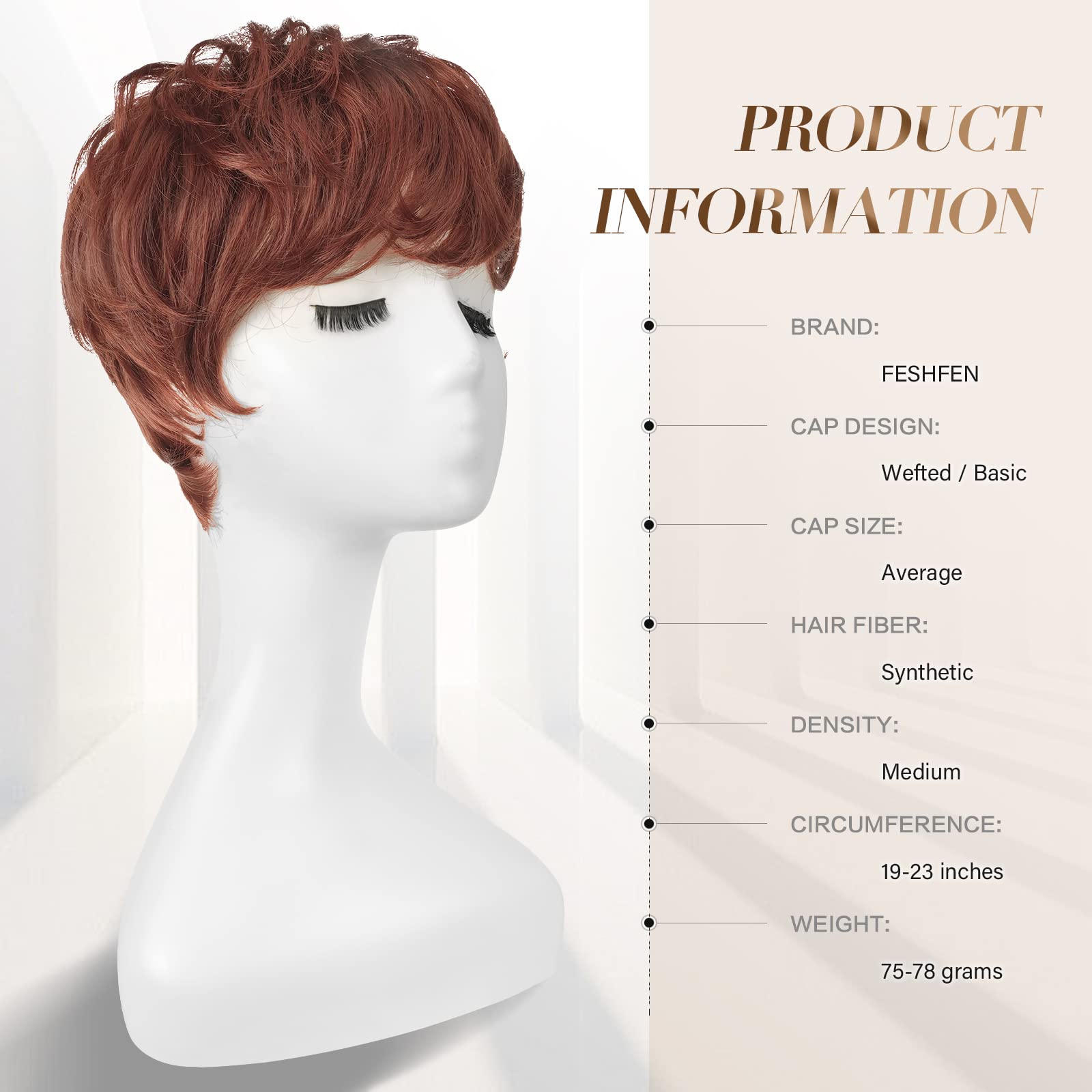 Feshfen Pixie Cut Wigs Synthetic Short Auburn Pixie Haircut Wig With Bangs Glueless Layered Wig Wavy Wigs For Women, Daily Cospl
