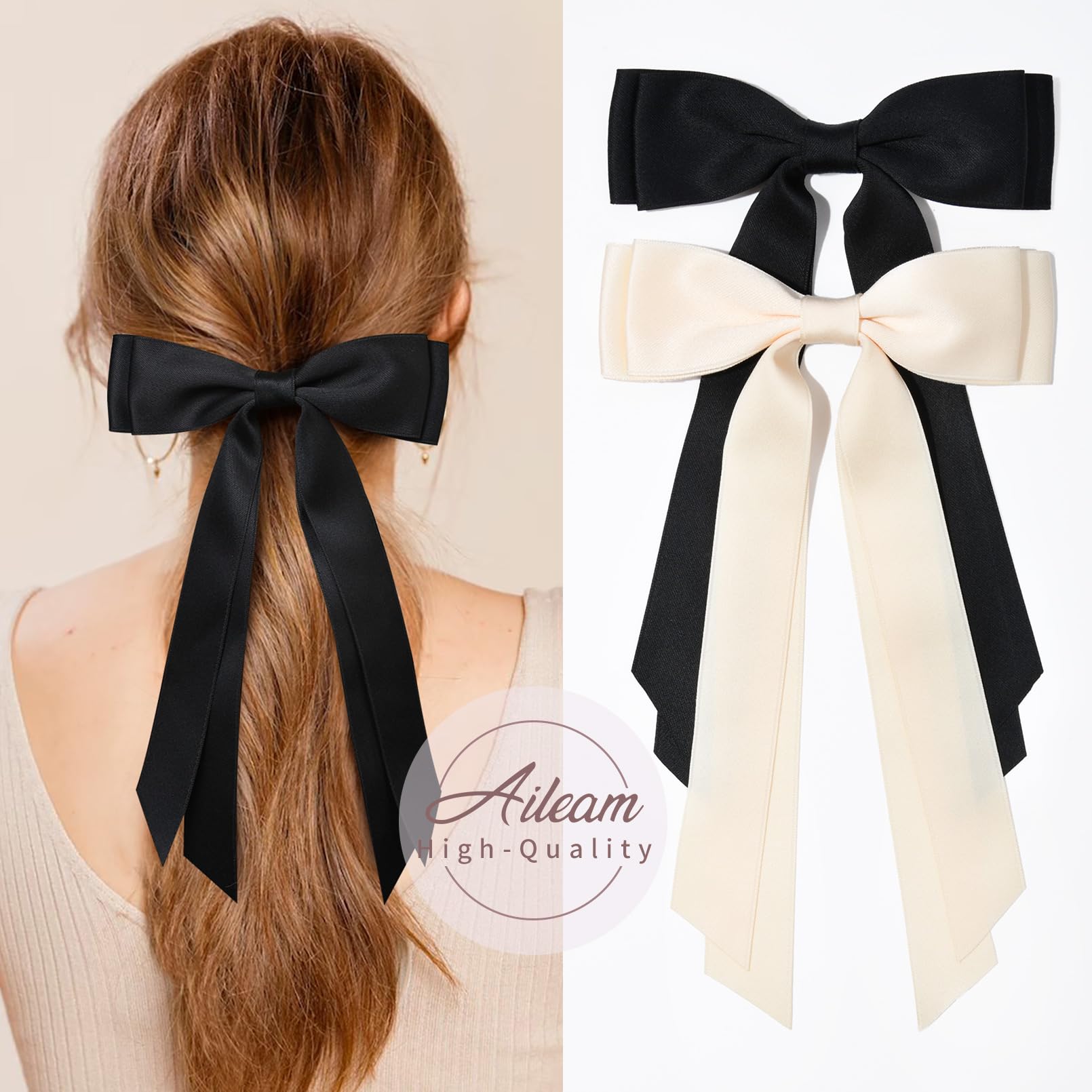 2PCS Silky Satin Hair Bows Hair Clip Beige Black Hair Ribbon Ponytail Holder Accessories Slides Metal Clips Hair Bow for Women G