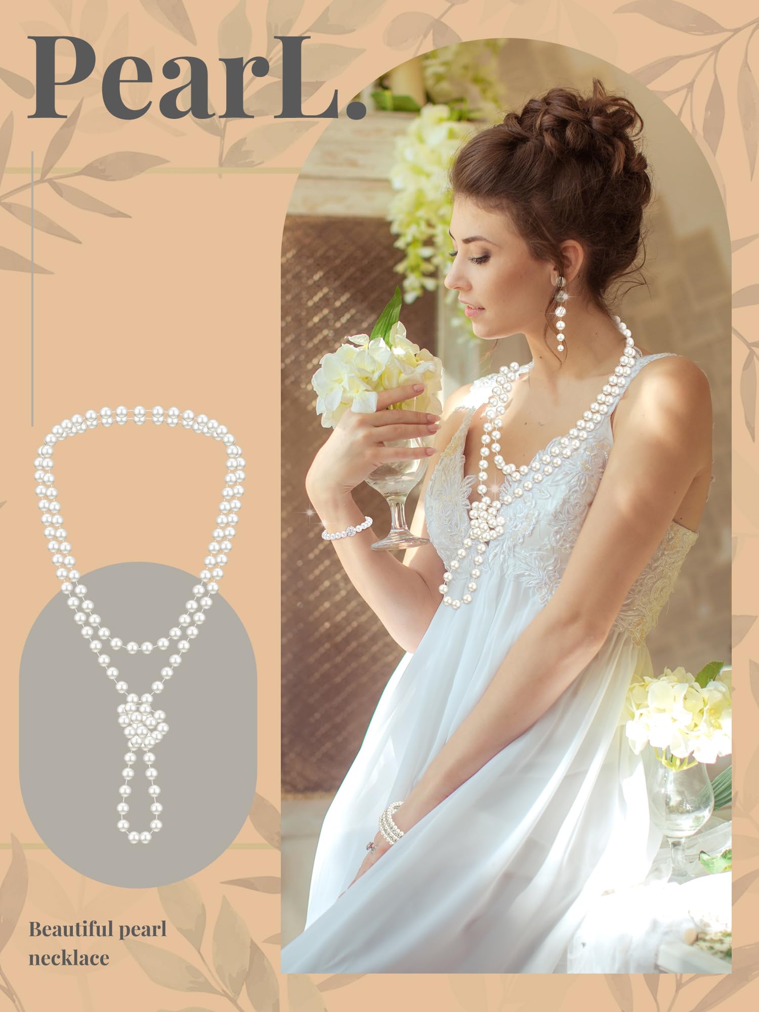 BBTO 8 Pcs Pearl Necklace and Earrings Set for Women Pearl Bracelets Costume Jewelry Set for Wedding Bridal Halloween Party(Vint
