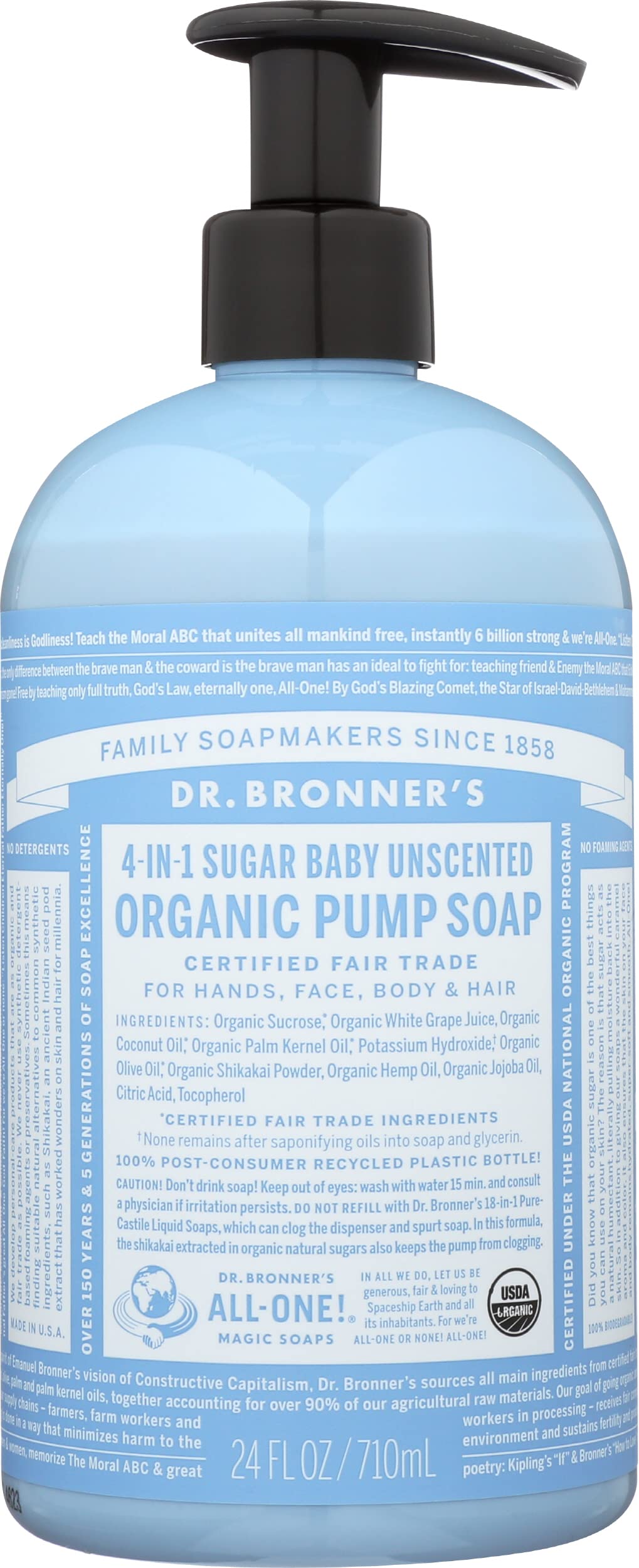 Dr Bronner Organic 4-in-1 Sugar Baby Unscented Pump Liquid Soap, Vegan, Non GMO, 24 Fluid Ounce (Pack Of 1)