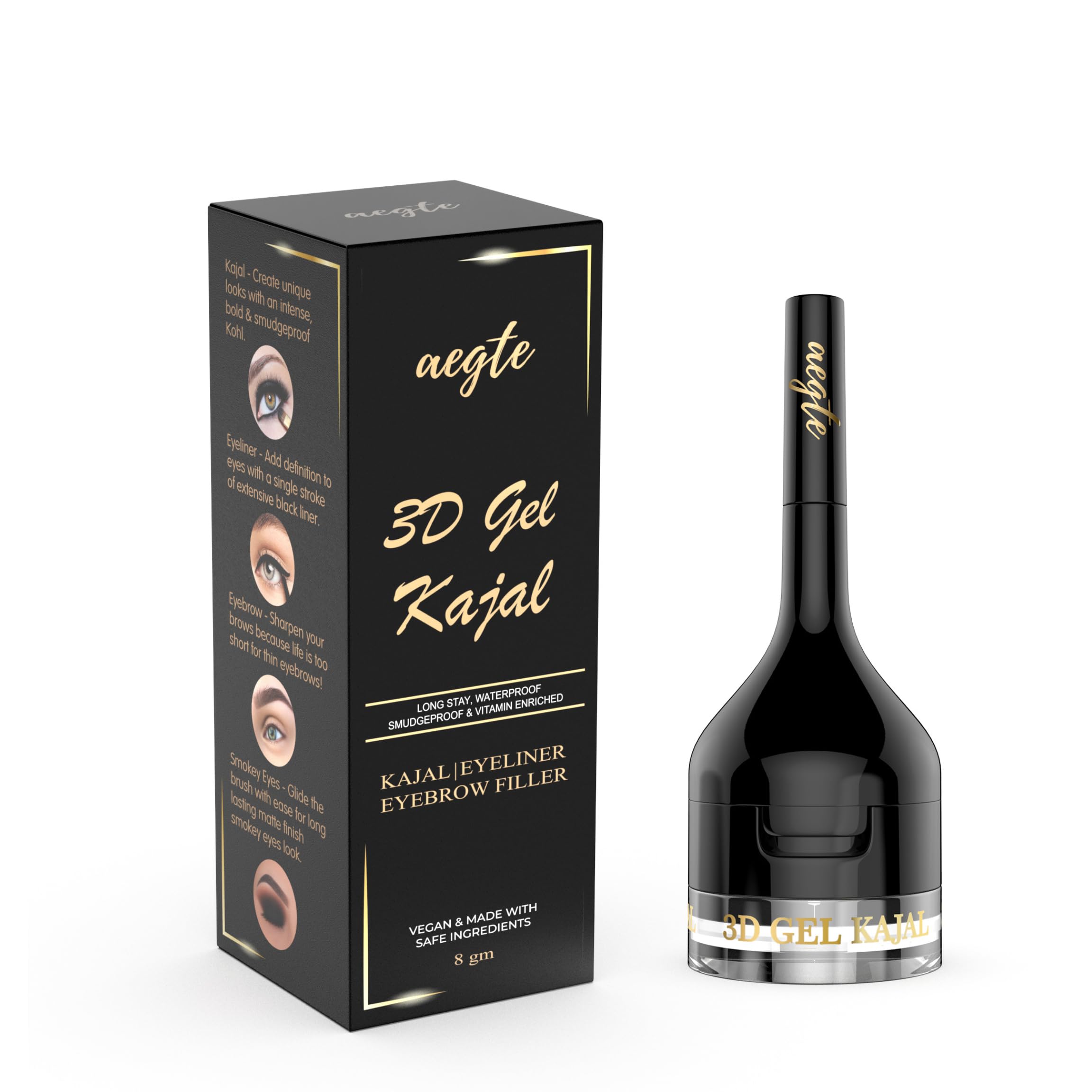 Aegte 3In1 3D Gel Kajal Eyeliner Eyebrow Filler Smudgeproof & Waterproof With Almond & Biotin Long Lasting Formula
