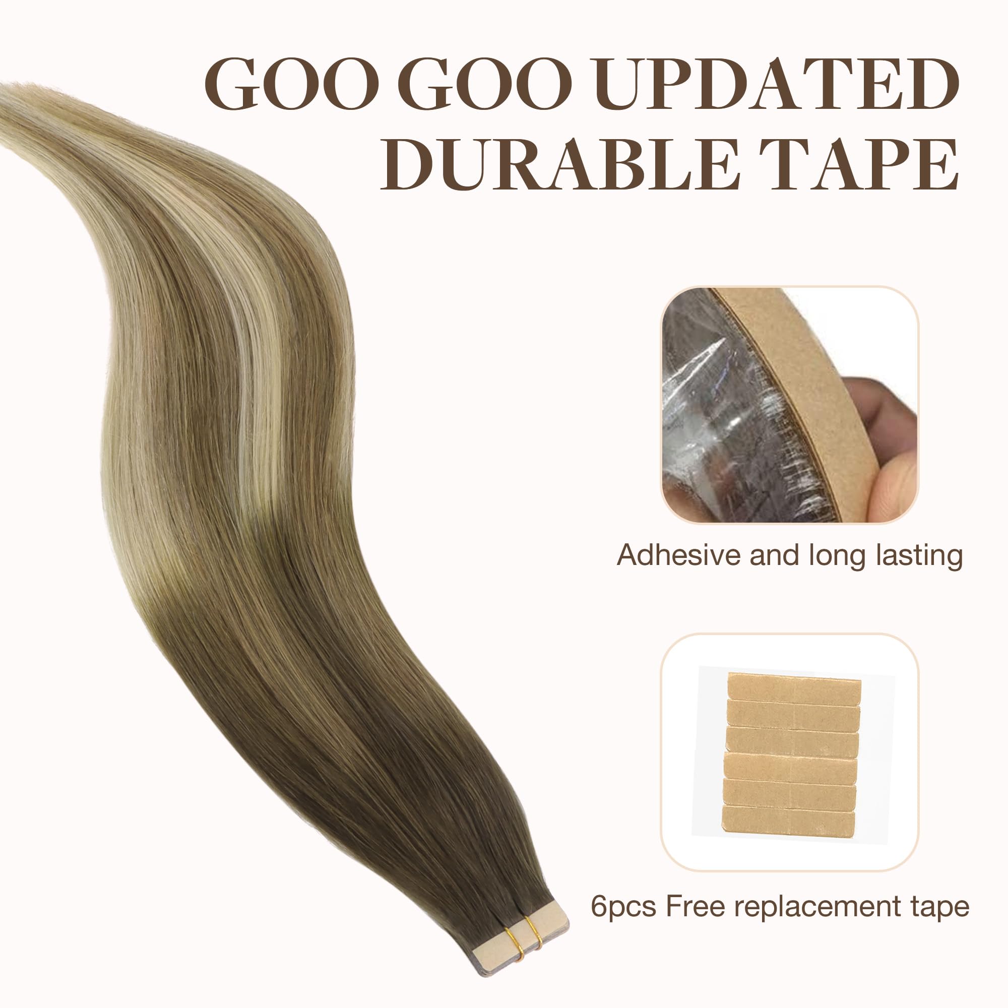 Goo Goo Tape In Hair Extensions Human Hair, 3/8/613 Balayage Walnut Brown To Ash Brown And Blonde, 20Inch 30G 10Pcs, Thick Ends