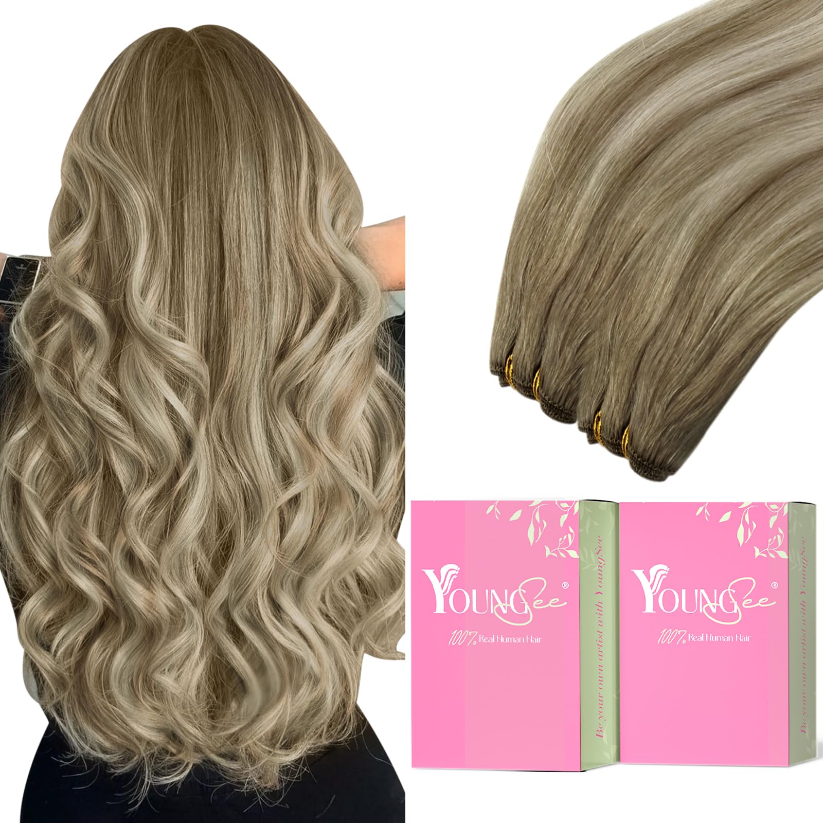 YoungSee 24Inch Weft Hair Extensions Real Human Hair Brown Balayage Sew in Hair Extensions Human Hair Medium Brown Fading to Bro