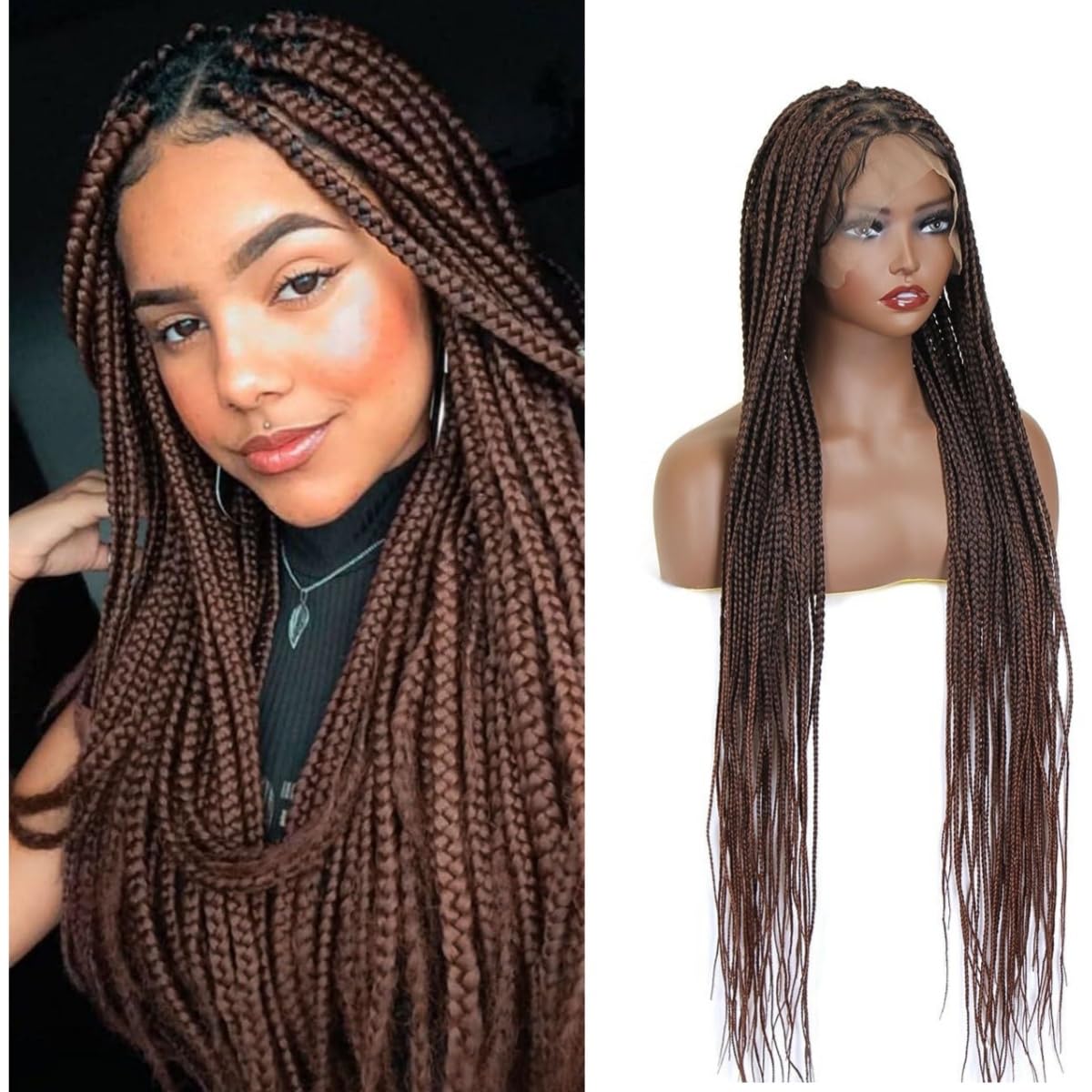 KRALER 36 inch Box Braided Wigs for Black Women, Ombre Auburn Knotless Triangle Based Small Box Braids Wig, Embroidery Full Doub